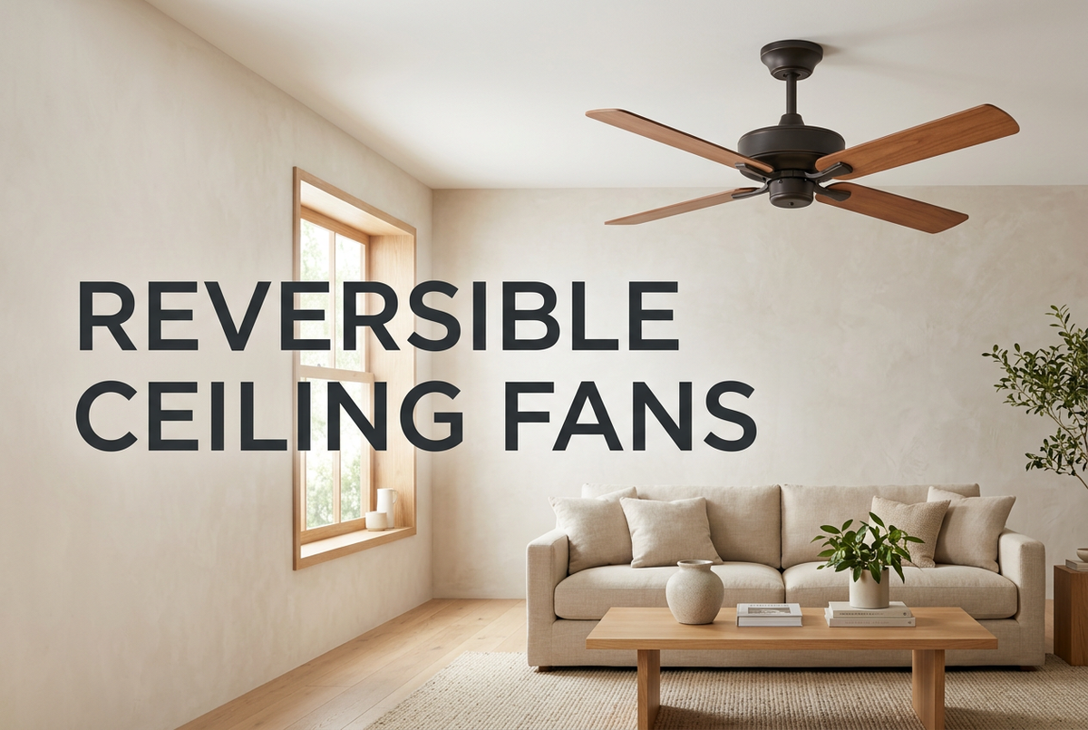 Wood-blade ceiling fan in a bright neutral living room with the heading ‘Reversible Ceiling Fans