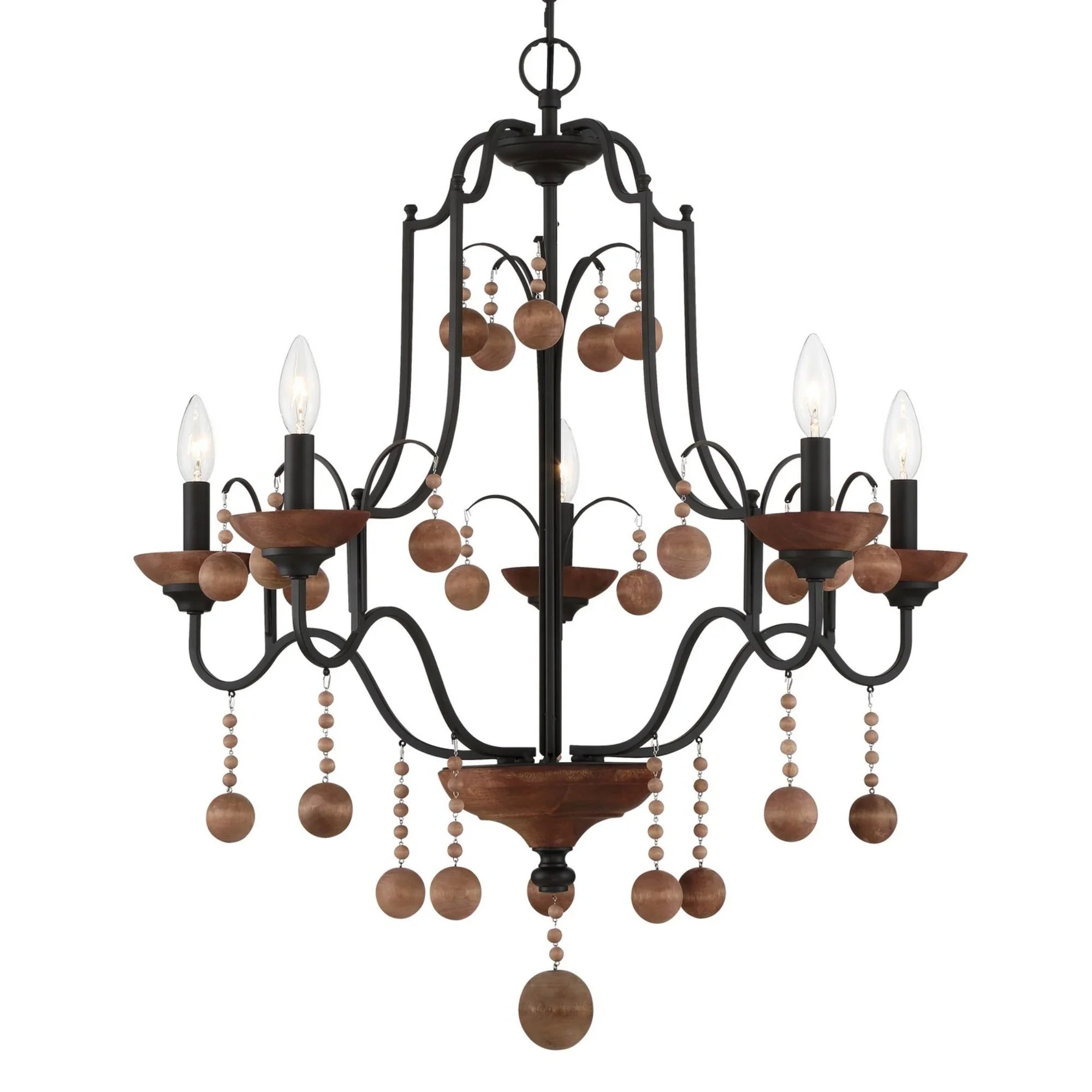 Colonial Charm 32" 5-Light Chandelier, Old World Bronze & Walnut Accents - Bees Lighting