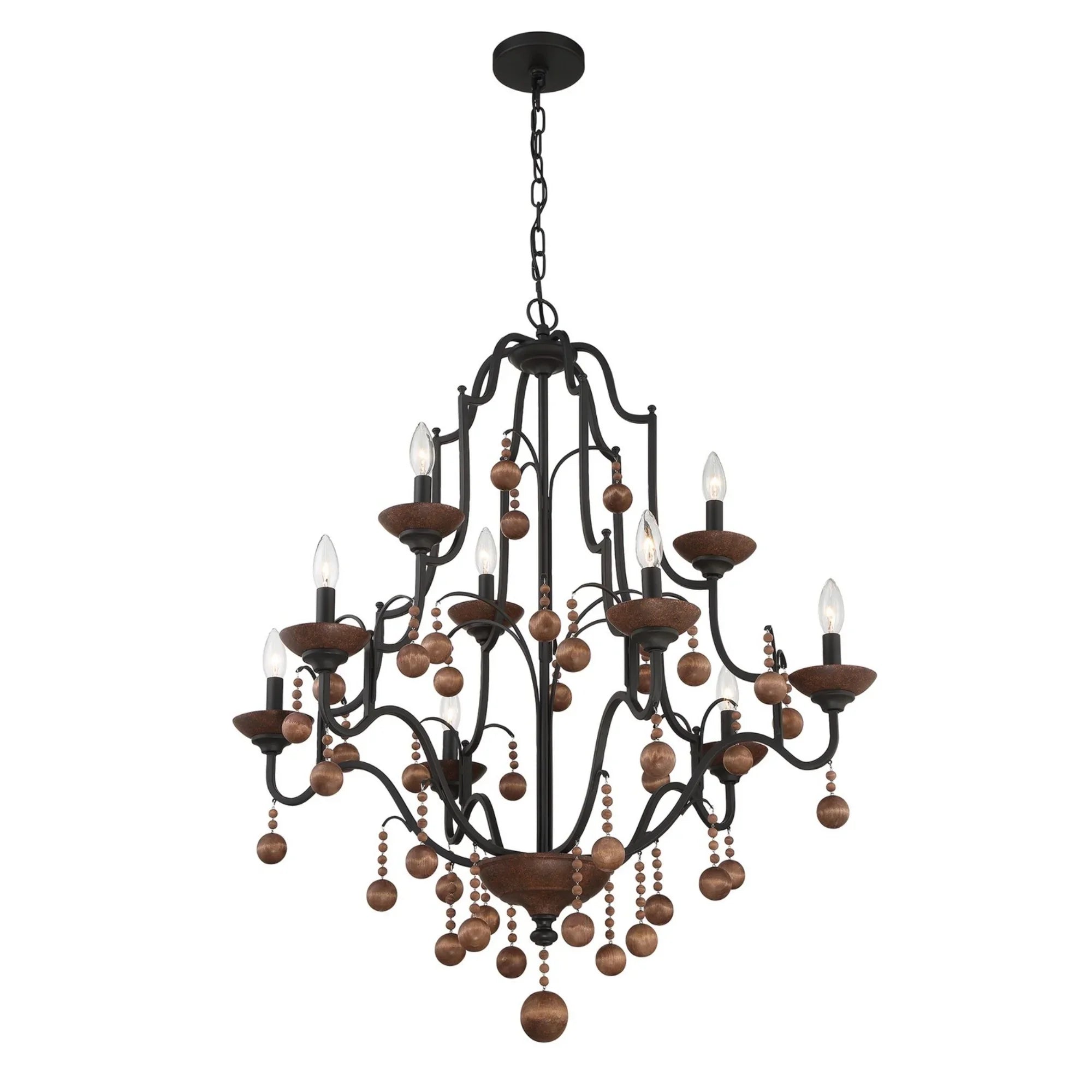 Colonial Charm 40" 9-Light Chandelier, Old World Bronze & Walnut Accents - Bees Lighting