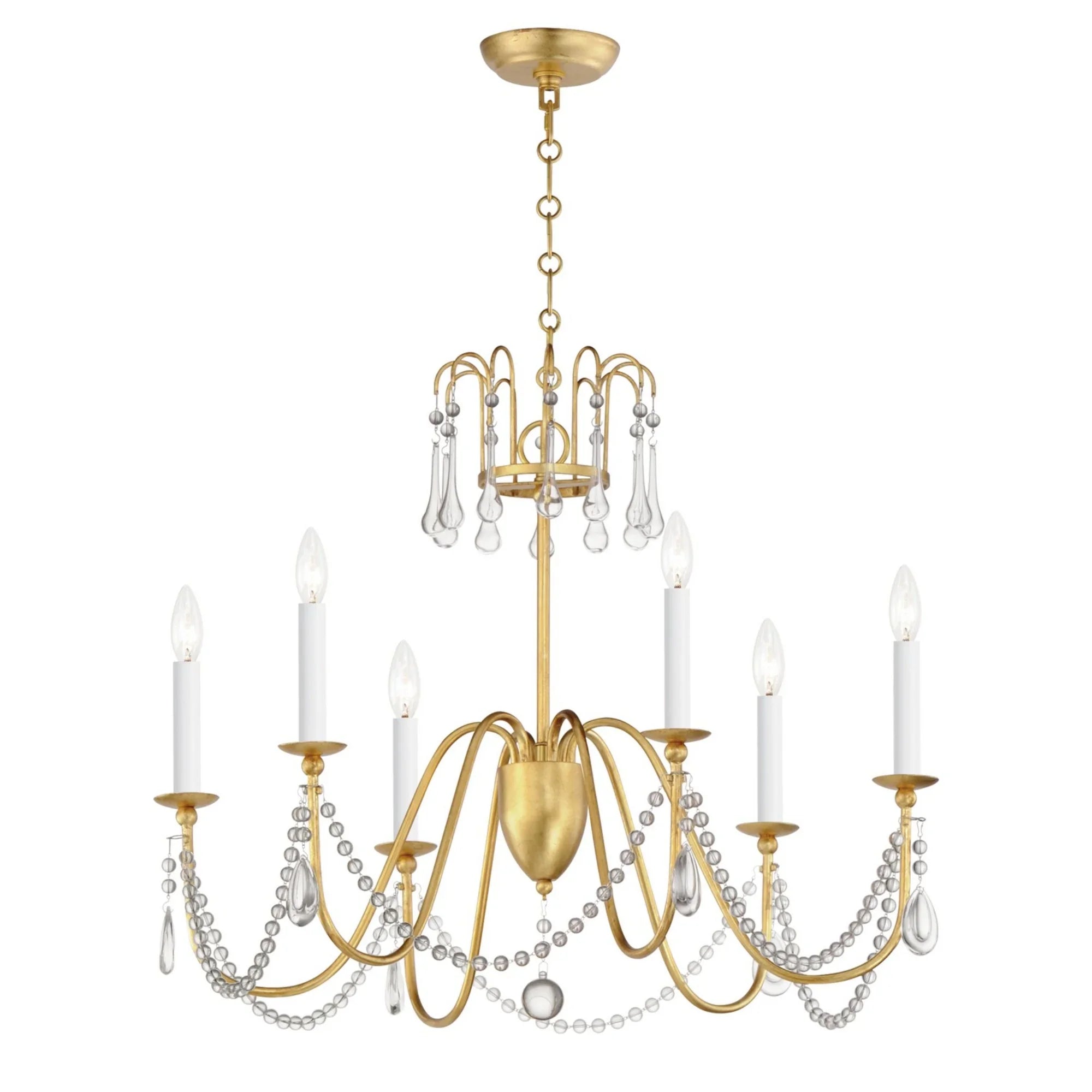 Plumette 28" 6-Light Chandelier, Gold Leaf Finish, W/ Crystal - Bees Lighting