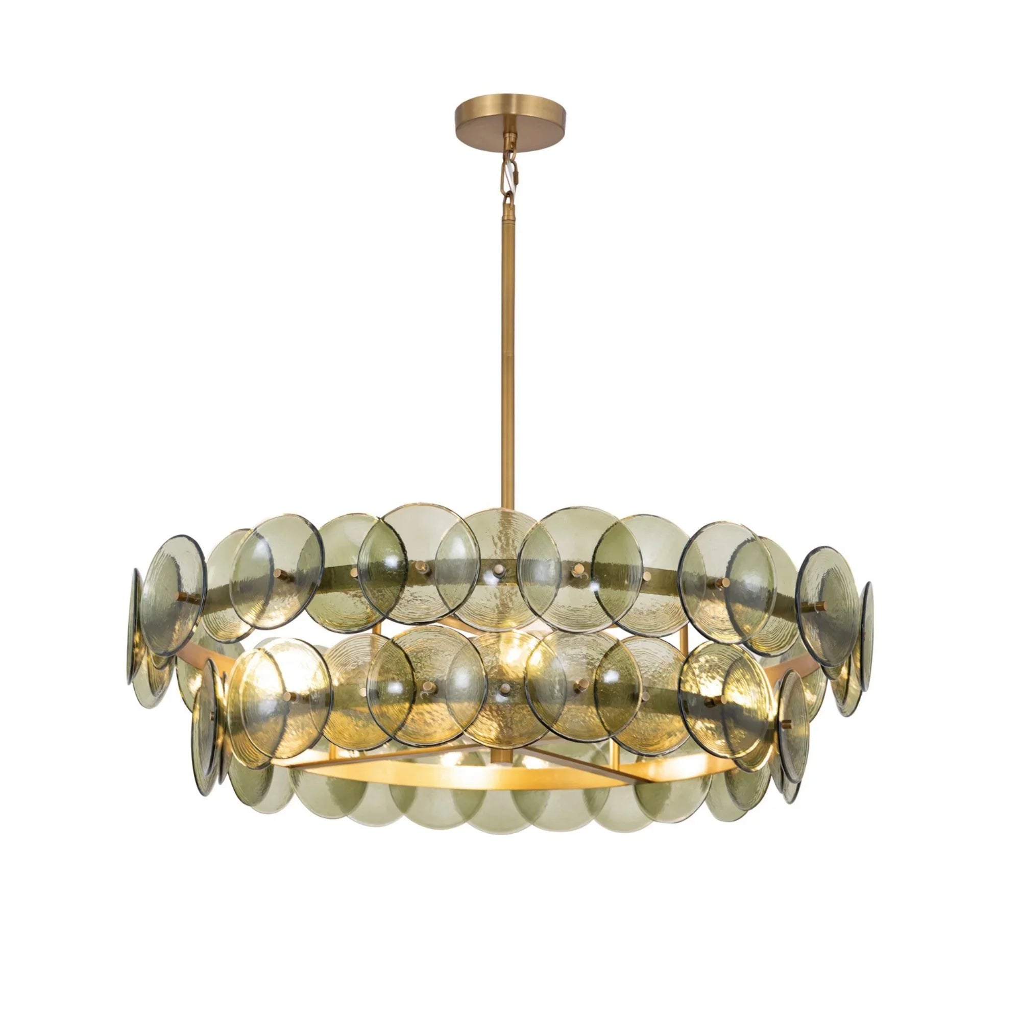 Loren 32" 4-Light Chandelier, Weathered Brass Finish, Green Glass - Bees Lighting