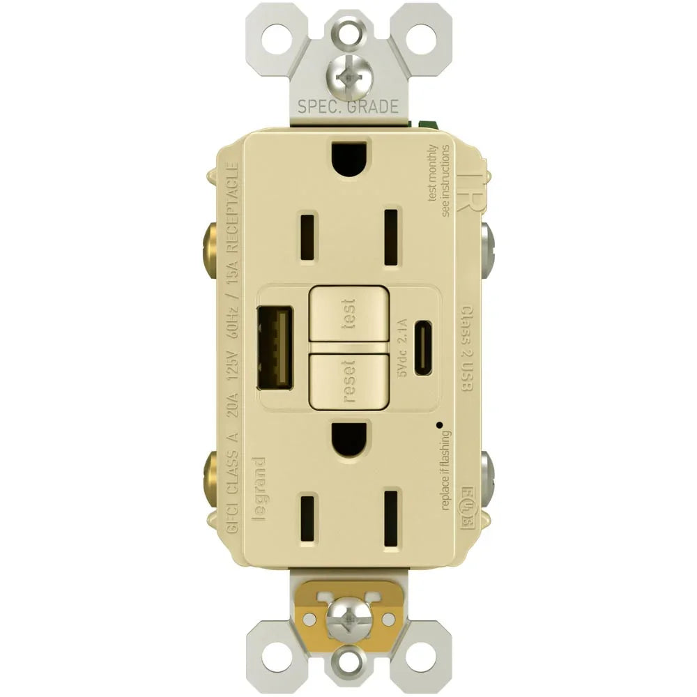radiant Tamper-Resistant 15A Self-Test GFCI Receptacles, USB Type A/C, Ivory - Bees Lighting