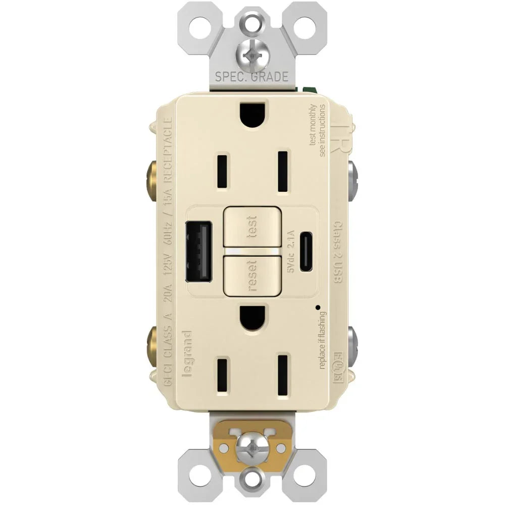 radiant Tamper-Resistant 15A Self-Test GFCI Receptacles, USB Type A/C, Light Almond - Bees Lighting