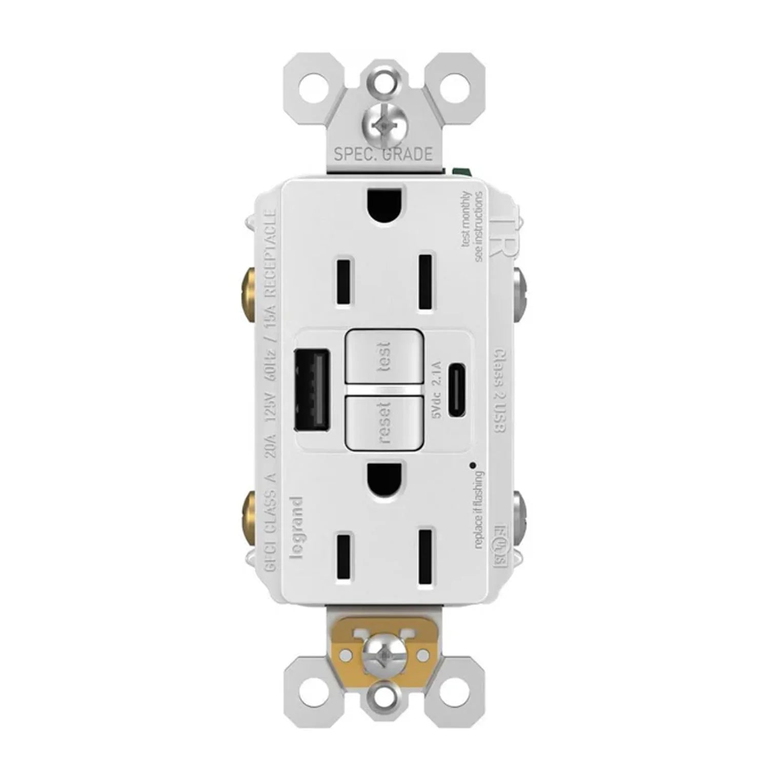 radiant Tamper-Resistant 15A Duplex Self-Test GFCI Receptacles, USB Type A/C, White - Bees Lighting