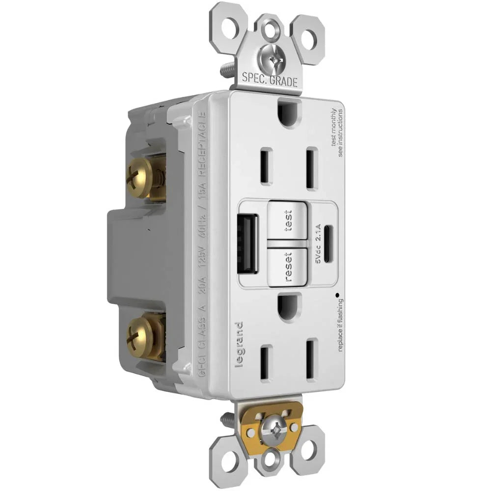radiant Tamper-Resistant 15A Duplex Self-Test GFCI Receptacles, USB Type A/C, White - Bees Lighting