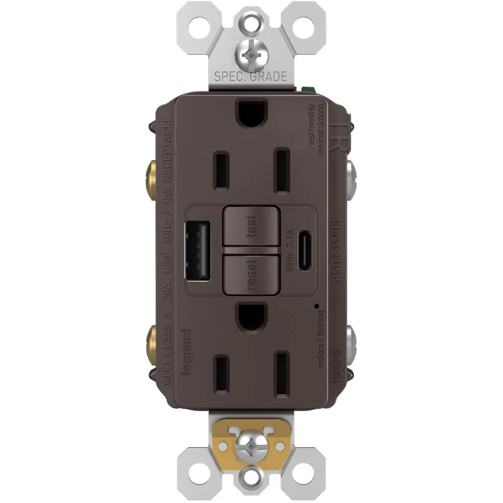 radiant Tamper-Resistant 15A Self-Test GFCI Receptacles, USB Type A/C, Brown - Bees Lighting