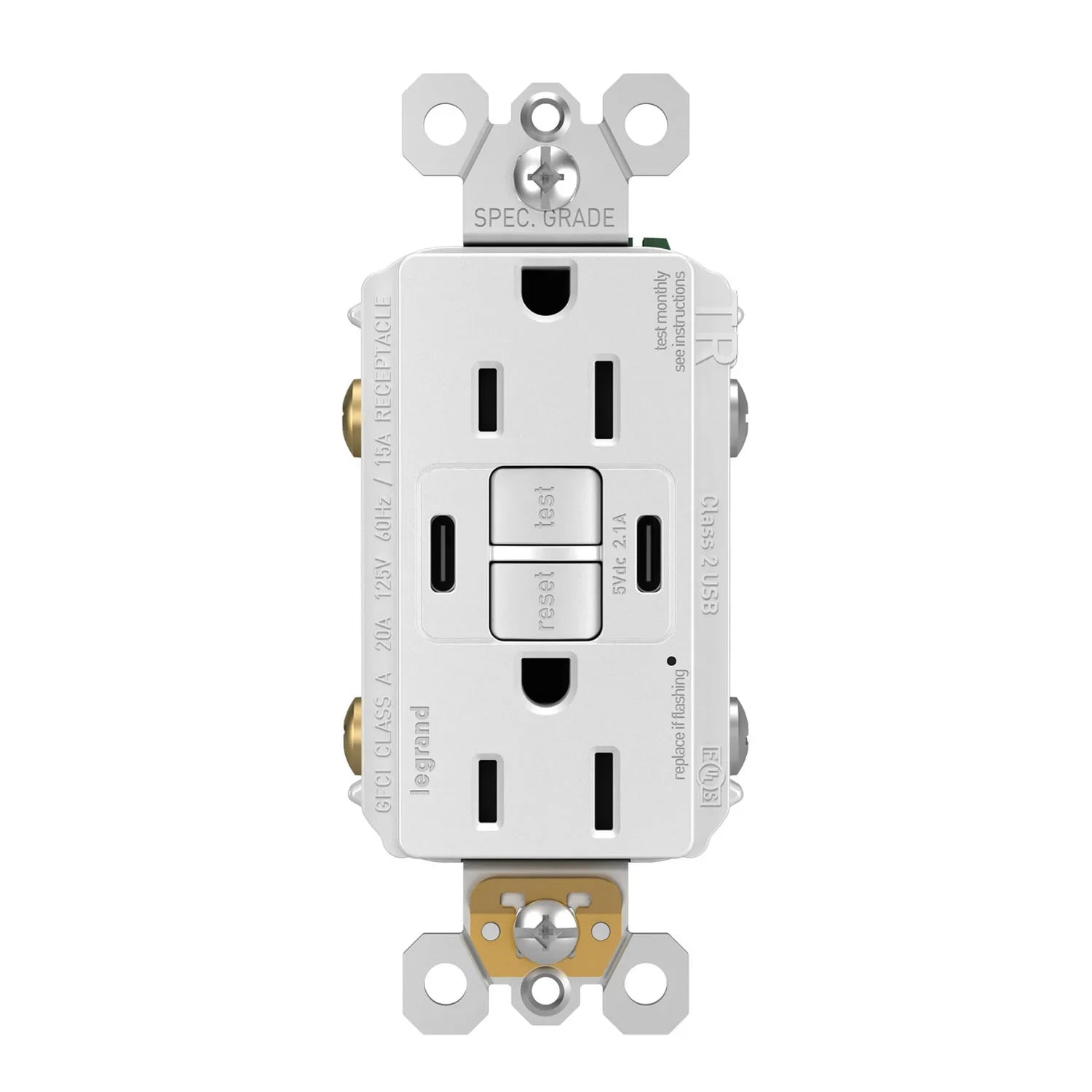 radiant Tamper-Resistant 15A Self-Test GFCI Receptacle, USB Type C/C, White - Bees Lighting