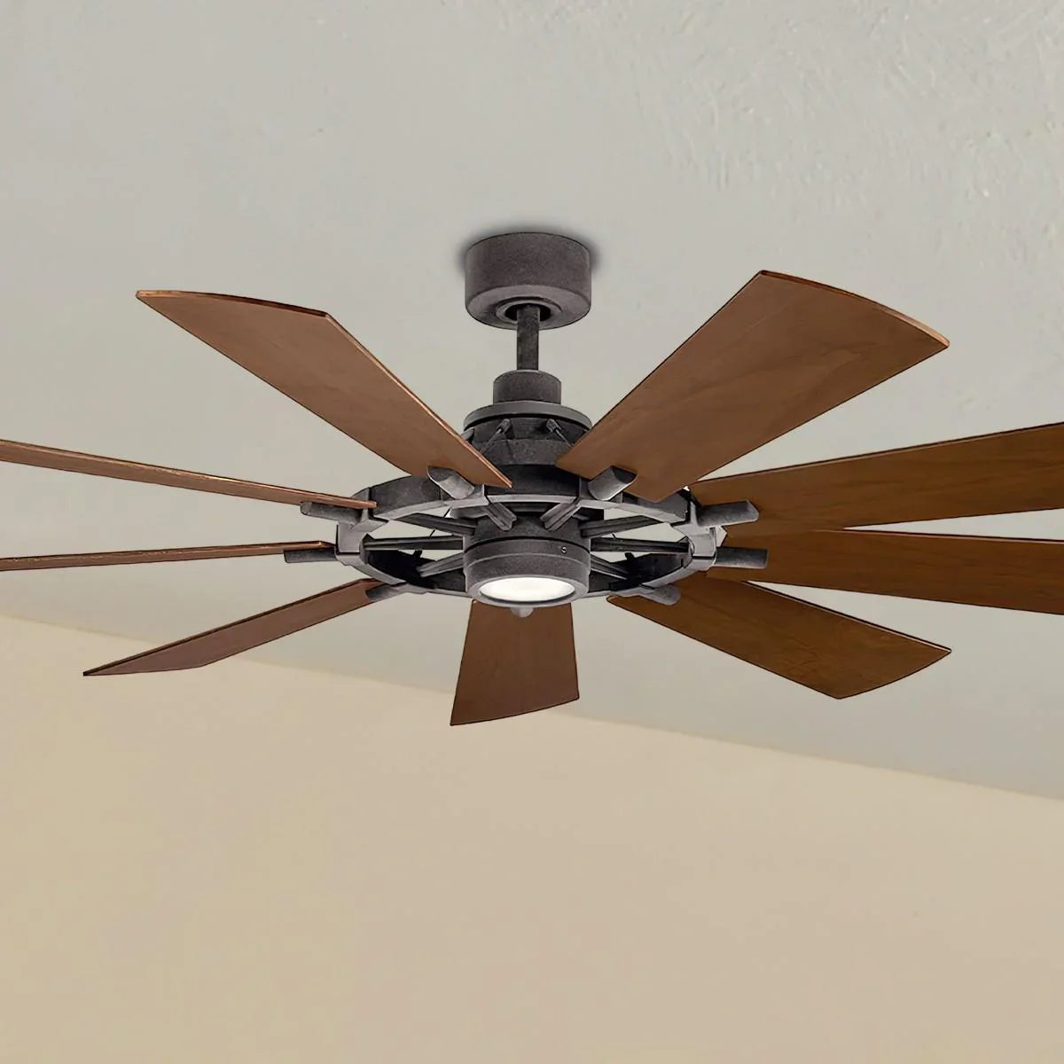 Gentry 65 Inch Weathered Zinc LED Wagon Wheel Ceiling Fan with Wall Control - Bees Lighting