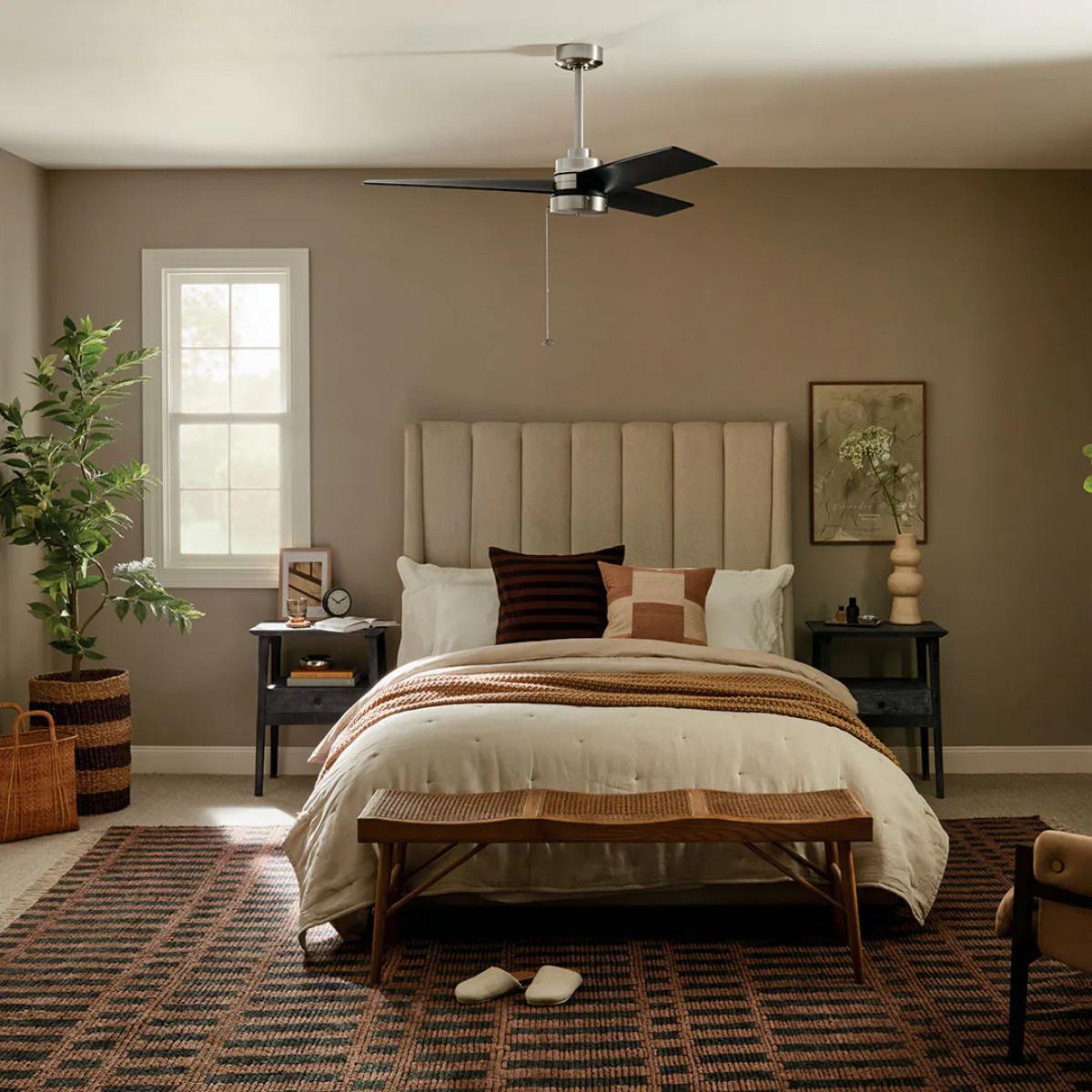 Spyn Lite 52 Inch Ceiling Fan with Pull Chain, Brushed Nickel with Satin Black Blades - Bees Lighting