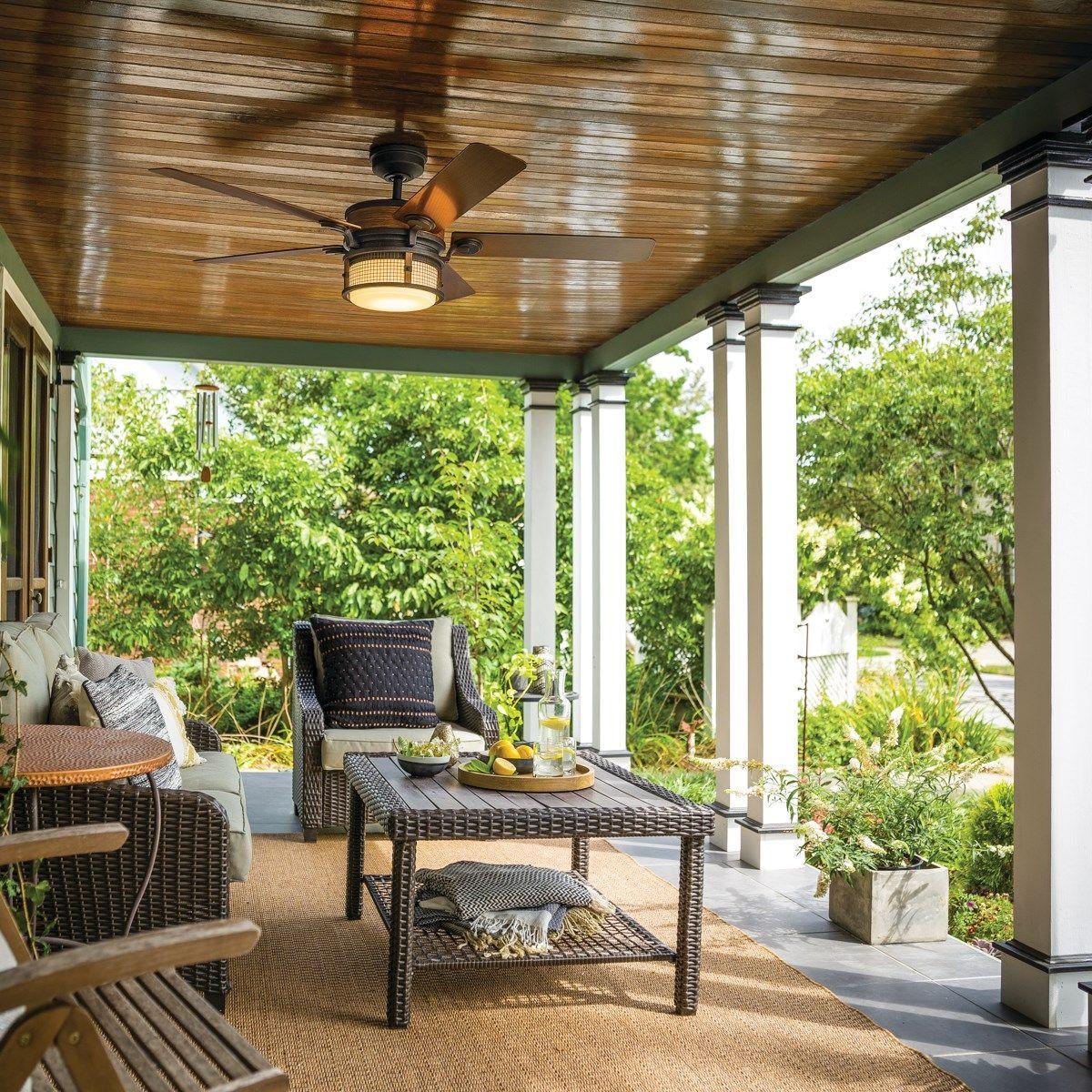 Ahrendale 60 Inch Auburn Stained Caged LED Outdoor Ceiling Fan with Wall Control - Bees Lighting