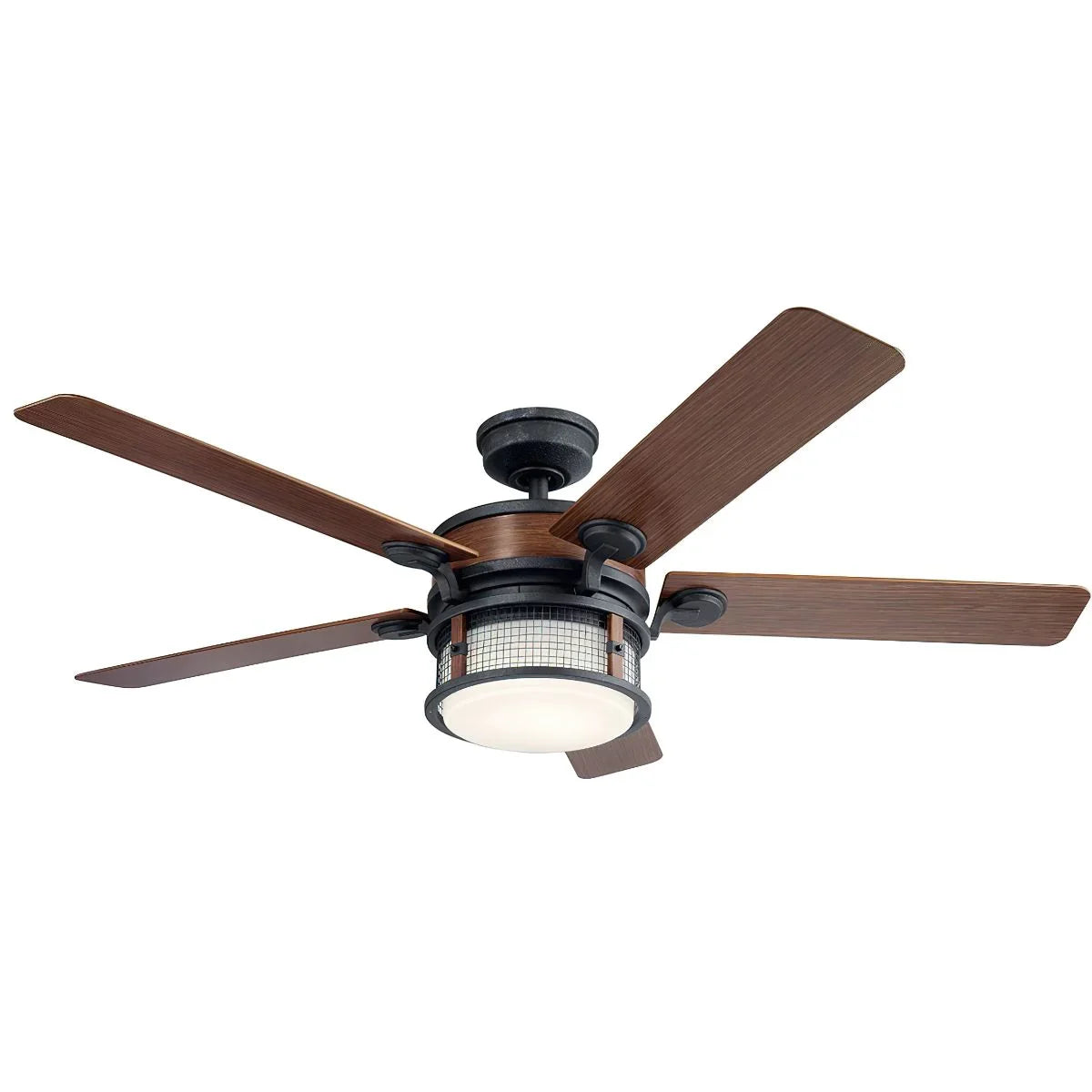 Ahrendale 60 Inch Auburn Stained Caged LED Outdoor Ceiling Fan with Wall Control - Bees Lighting