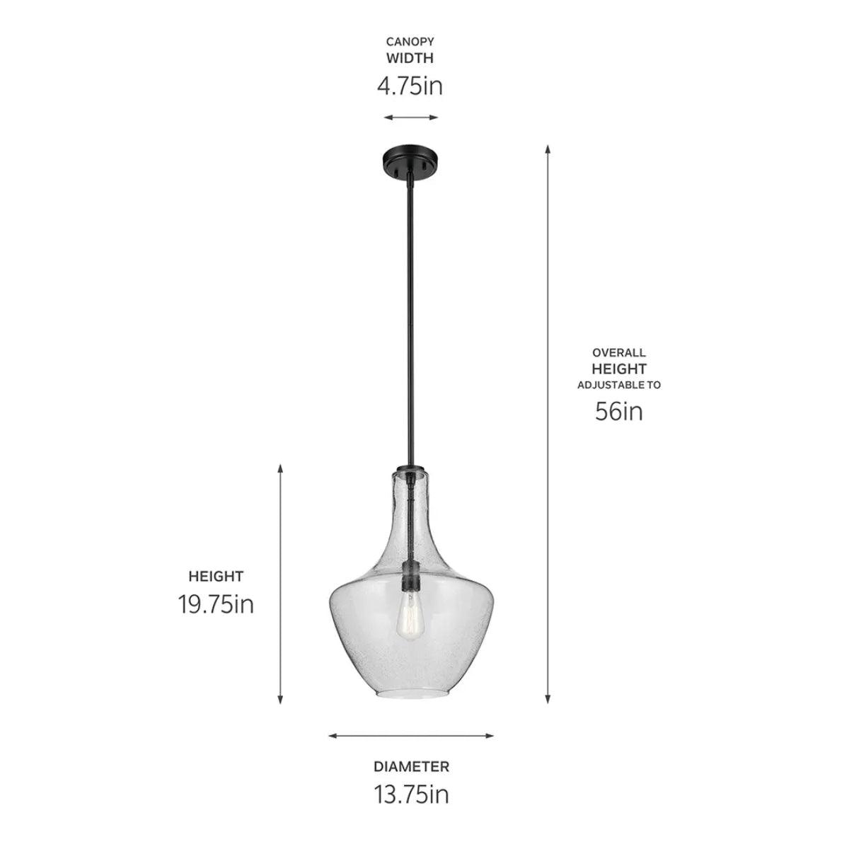 Everly 20" 1-Light Bell Pendant Light with Clear Seeded Glass, Black Finish - Bees Lighting