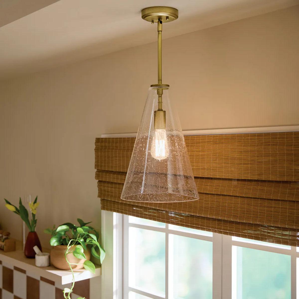 Everly 15" 1-Light Cone Pendant Light with Clear Seeded Glass, Natural Brass Finish - Bees Lighting