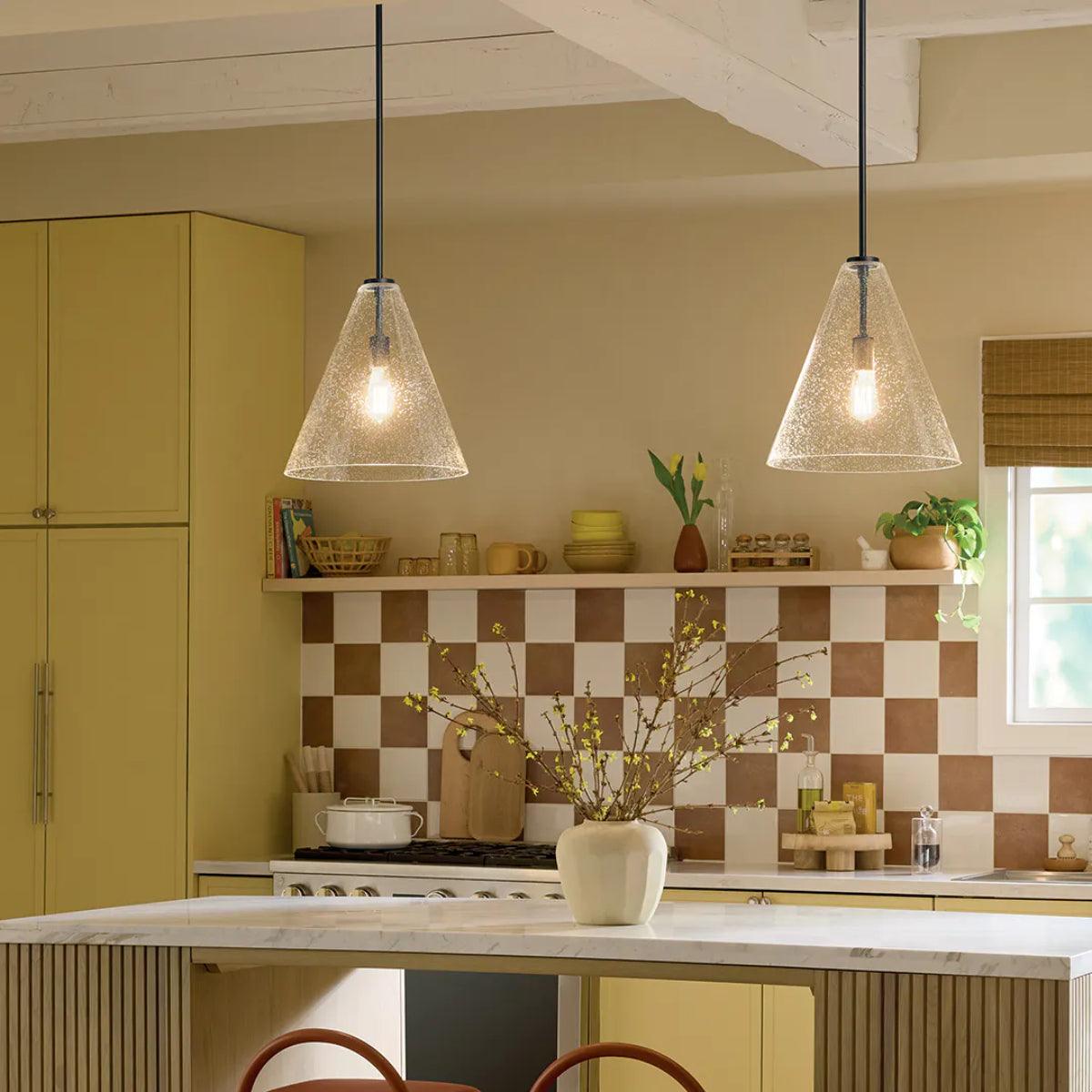 Everly 16" 1-Light Cone Pendant Light with Clear Seeded Glass, Black Finish - Bees Lighting