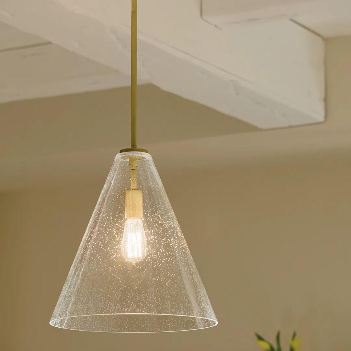 Everly 16" 1-Light Cone Pendant Light with Clear Seeded Glass, Natural Brass Finish - Bees Lighting