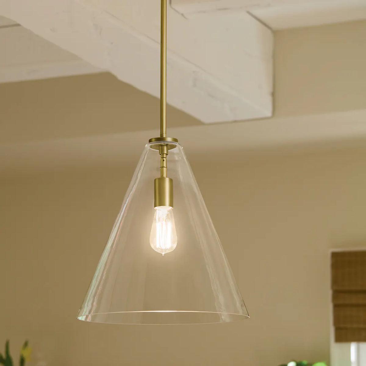 Everly 16" 1-Light Cone Pendant Light with Clear Glass, Natural Brass Finish - Bees Lighting