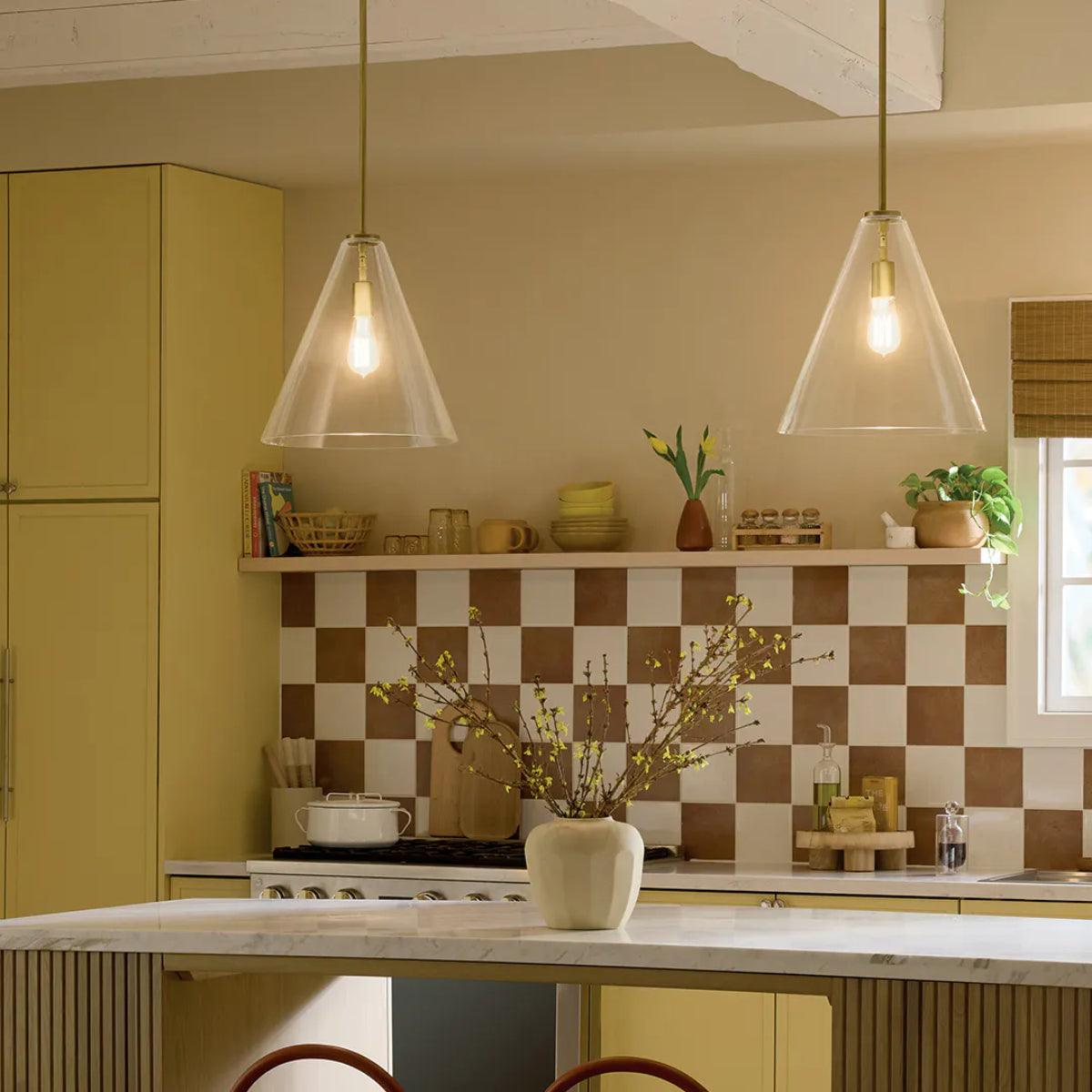 Everly 16" 1-Light Cone Pendant Light with Clear Glass, Natural Brass Finish - Bees Lighting