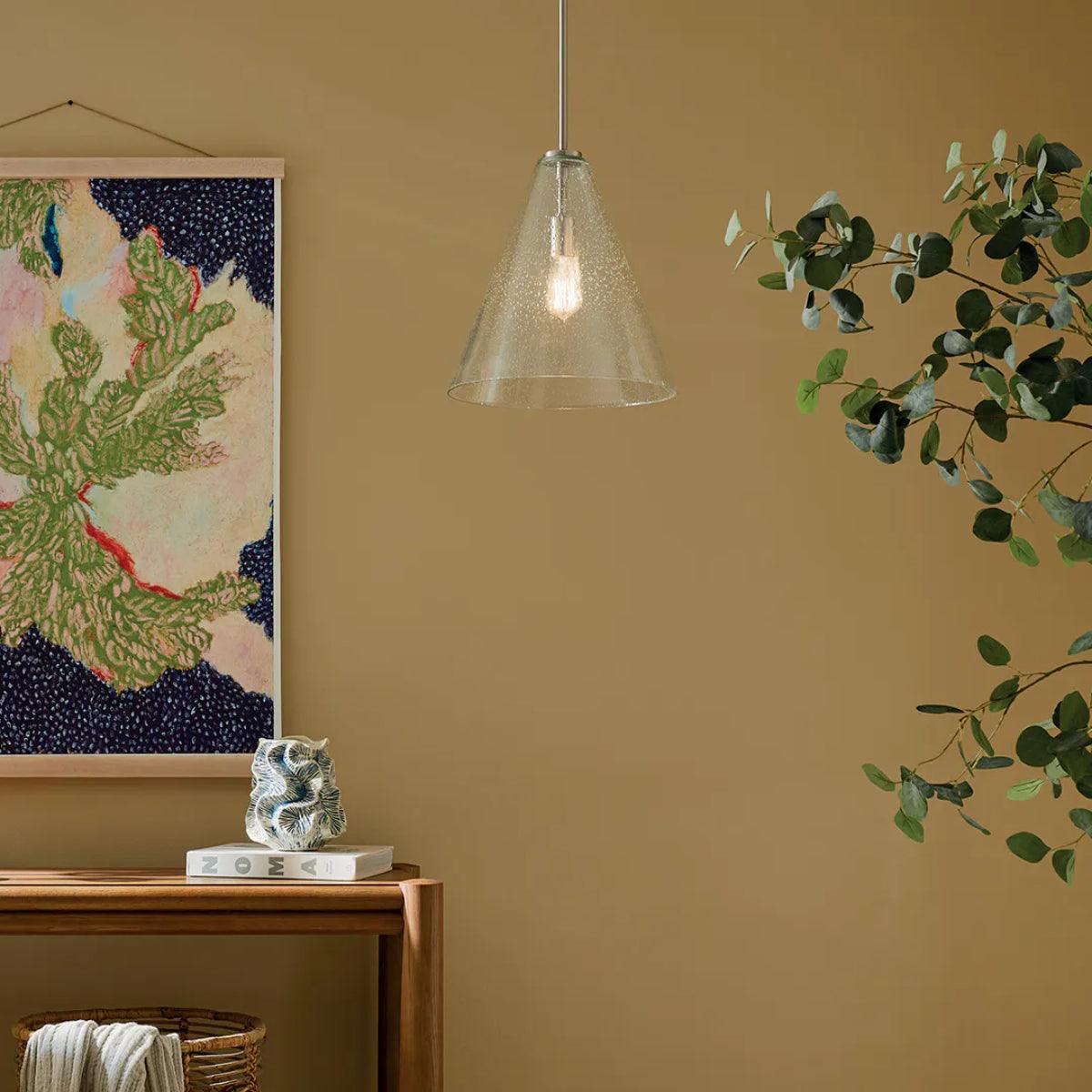Everly 16" 1-Light Cone Pendant Light with Clear Seeded Glass, Brushed Nickel Finish - Bees Lighting