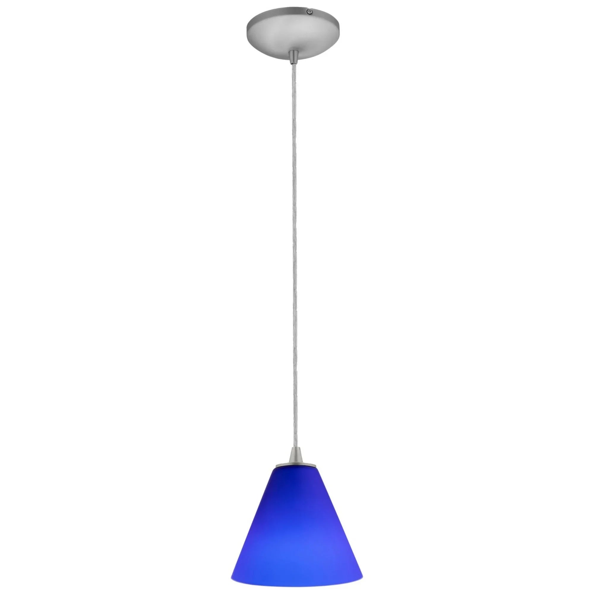 Martini 7" Pendant, Brushed Steel Finish, Cobalt Diffuser, Cord - Bees Lighting