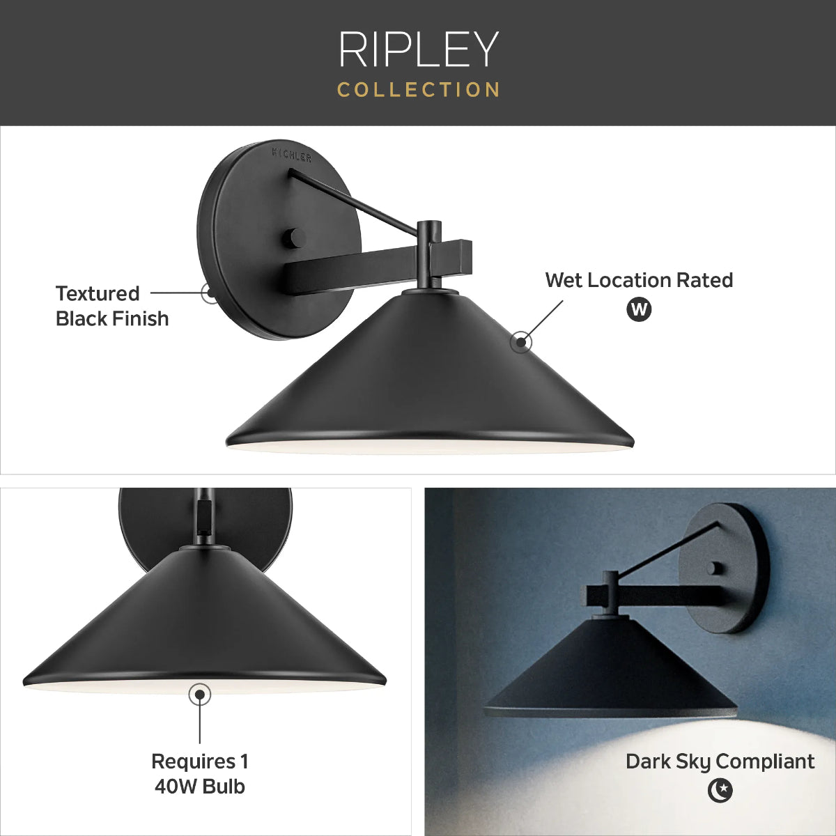 Ripley 12" 1-Light Outdoor Wall Light, Black Finish - Bees Lighting