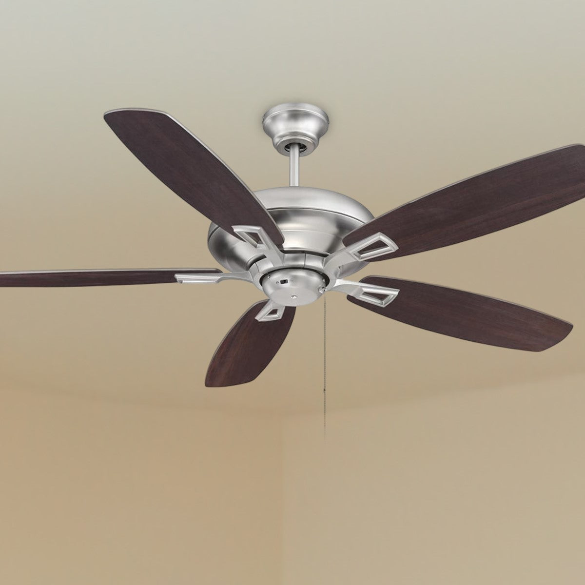 Mystique 52 Inch Satin Nickel Ceiling Fan With Light, 5 Chestnut/Silver Reversible Blades - Bees Lighting