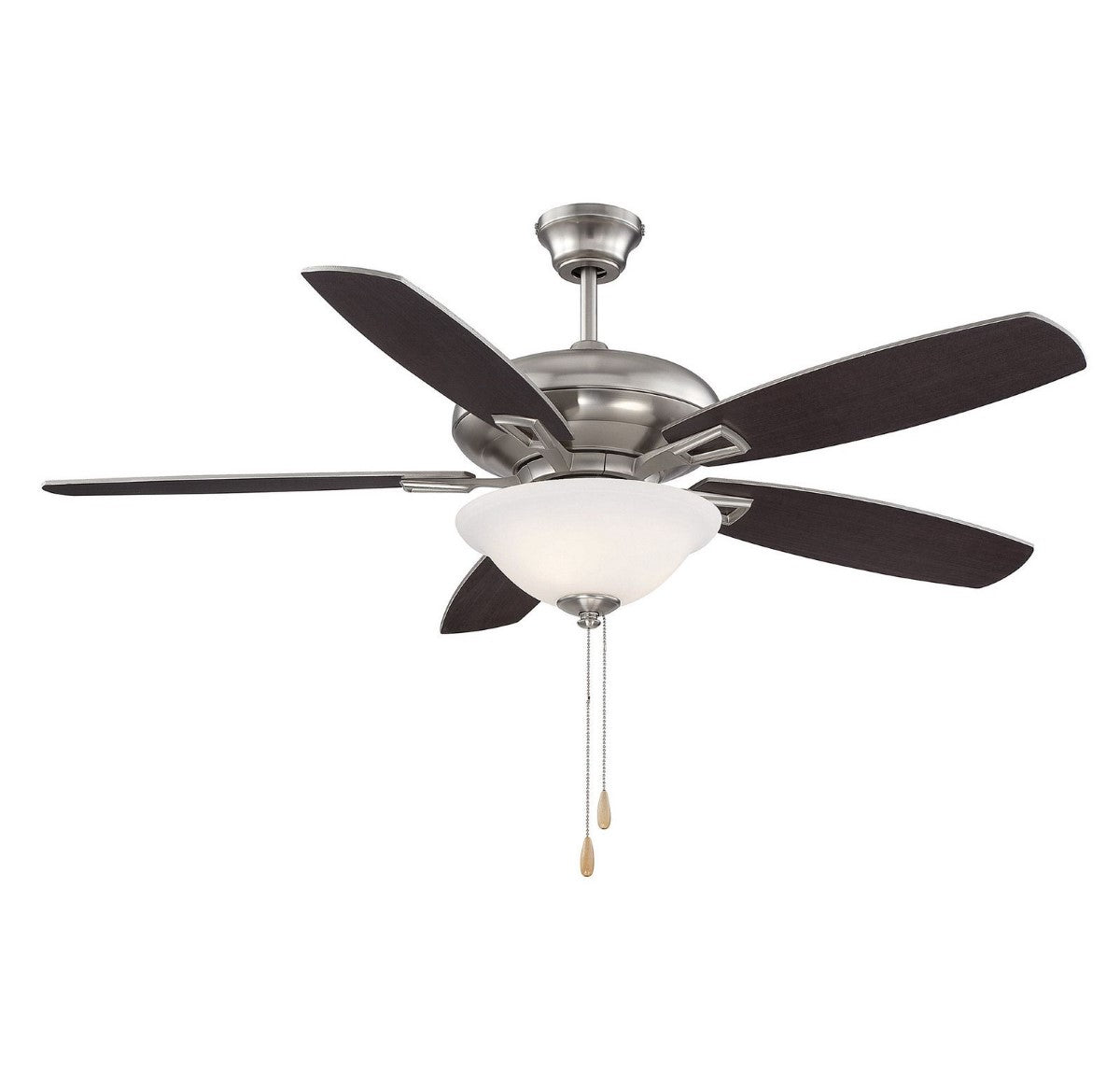 Mystique 52 Inch Satin Nickel Ceiling Fan With Light, 5 Chestnut/Silver Reversible Blades - Bees Lighting