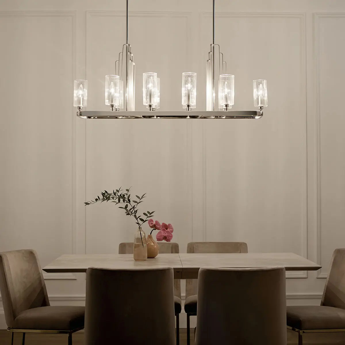 Kimrose 45" 10-Light Linear Chandelier with Clear Fluted Glass, Polished Nickel Finish - Bees Lighting