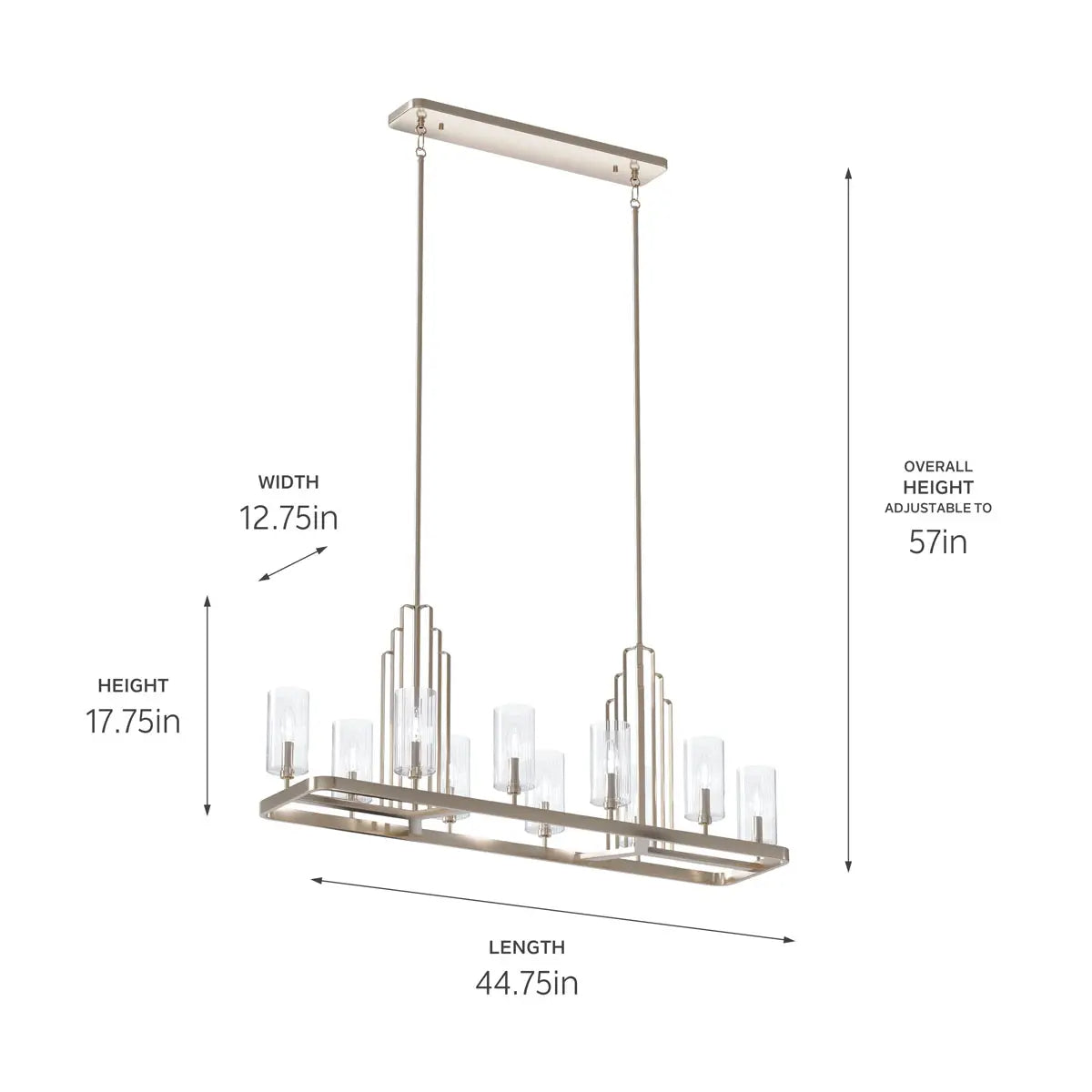 Kimrose 45" 10-Light Linear Chandelier with Clear Fluted Glass, Polished Nickel Finish - Bees Lighting