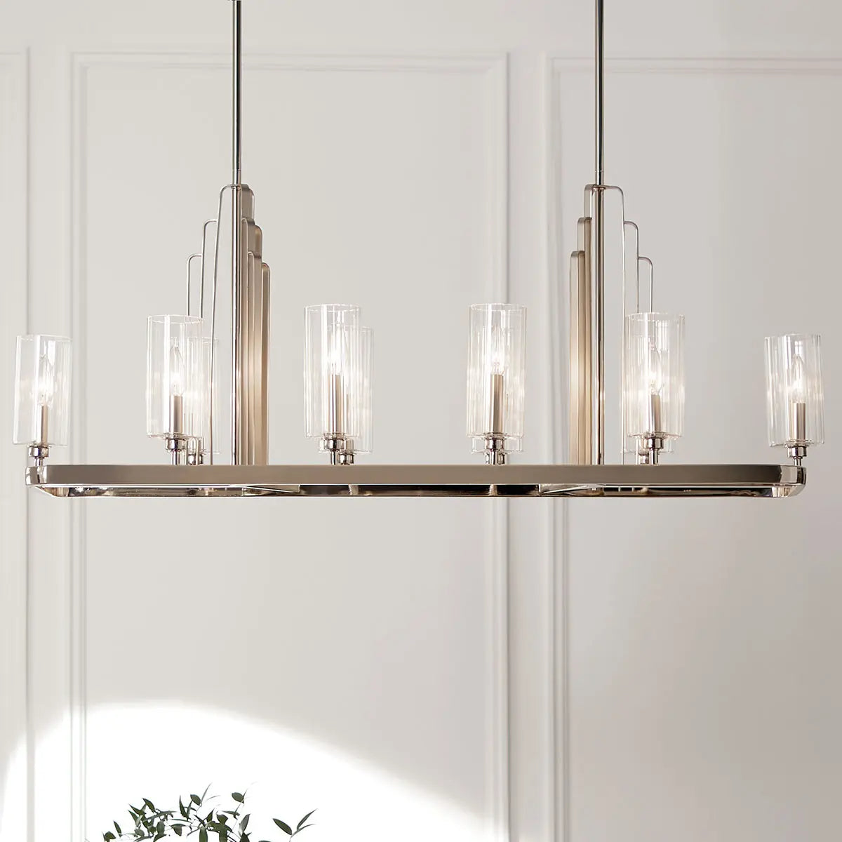 Kimrose 45" 10-Light Linear Chandelier with Clear Fluted Glass, Polished Nickel Finish - Bees Lighting