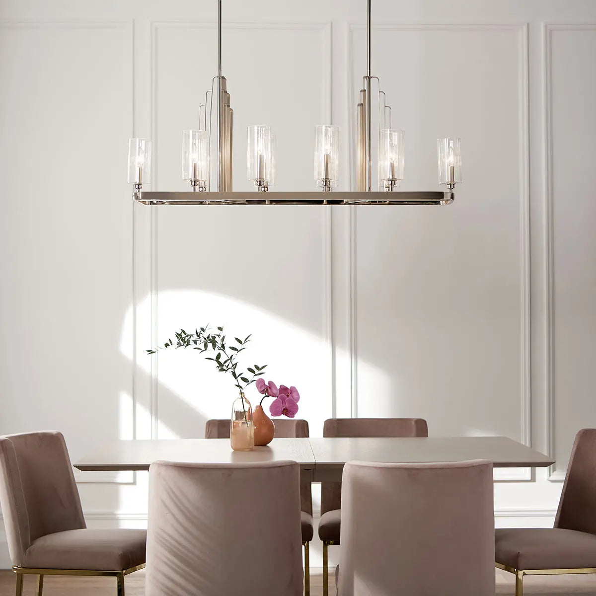 Kimrose 45" 10-Light Linear Chandelier with Clear Fluted Glass, Polished Nickel Finish - Bees Lighting