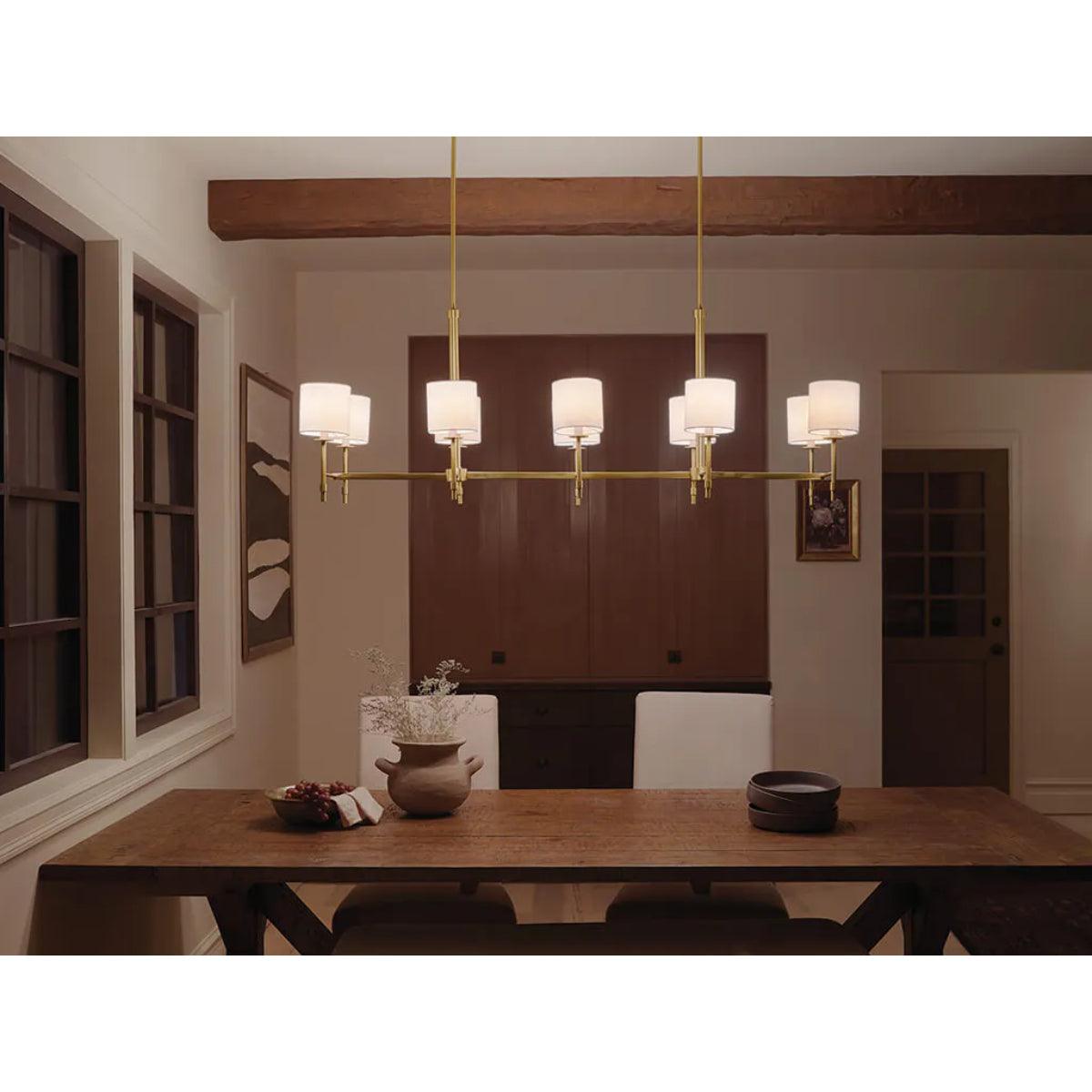 Ali 57" 10-Light Chandelier with Fabric Drum Shade, Brushed Natural Brass Finish - Bees Lighting