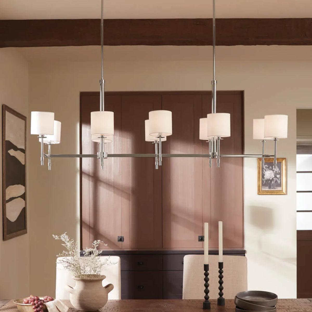 Ali 57" 10-Light Chandelier with Fabric Drum Shade, Polished Nickel Finish - Bees Lighting