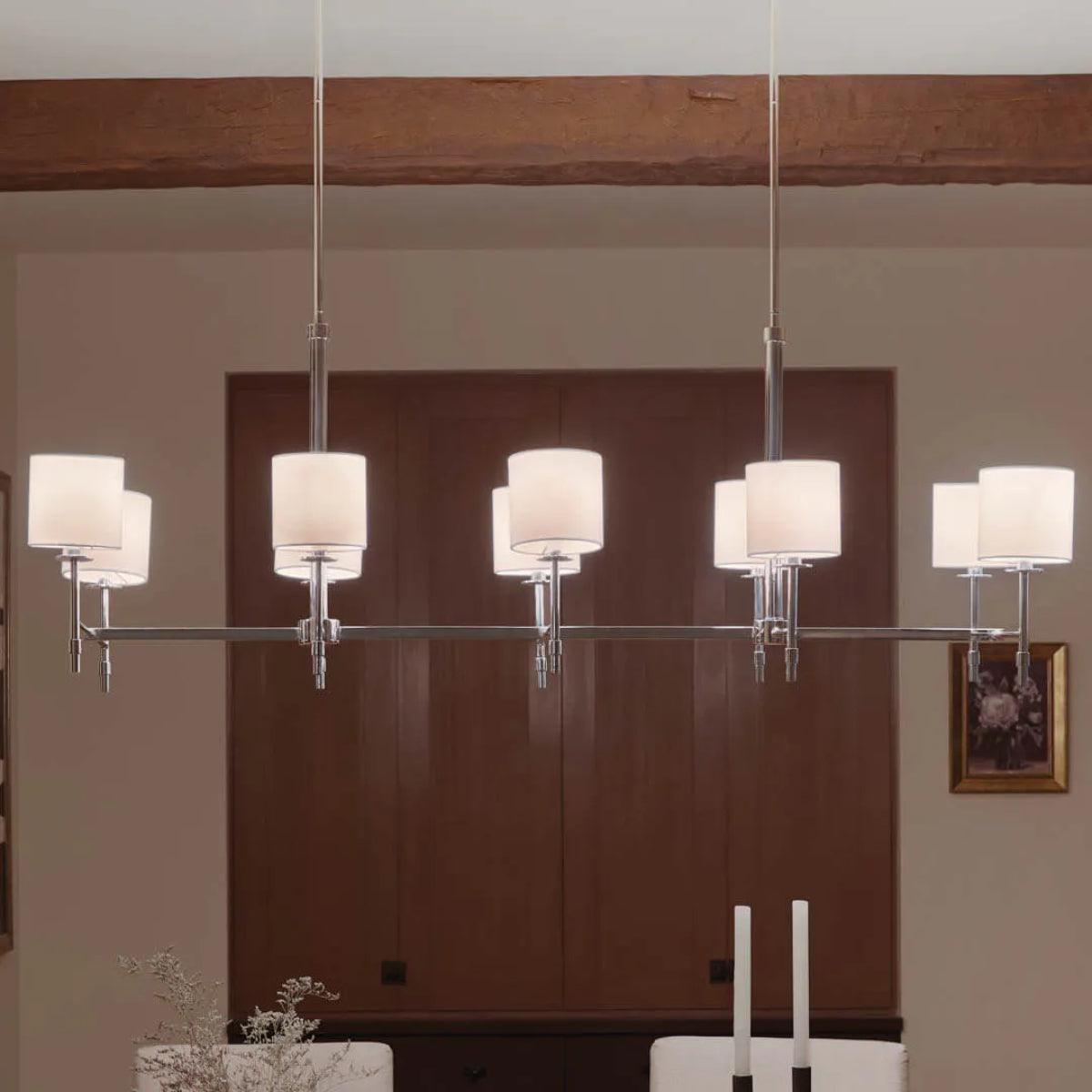Ali 57" 10-Light Chandelier with Fabric Drum Shade, Polished Nickel Finish - Bees Lighting
