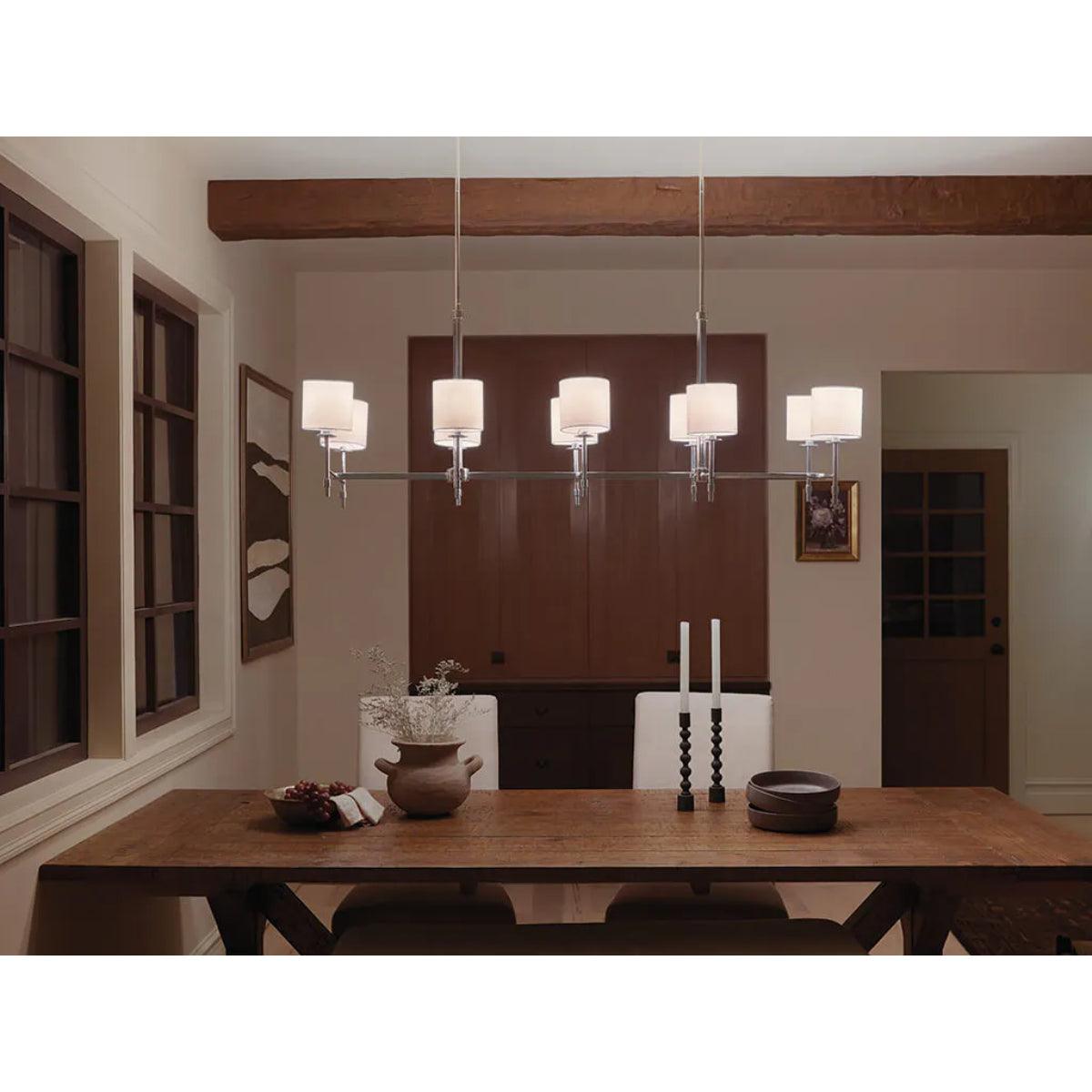 Ali 57" 10-Light Chandelier with Fabric Drum Shade, Polished Nickel Finish - Bees Lighting