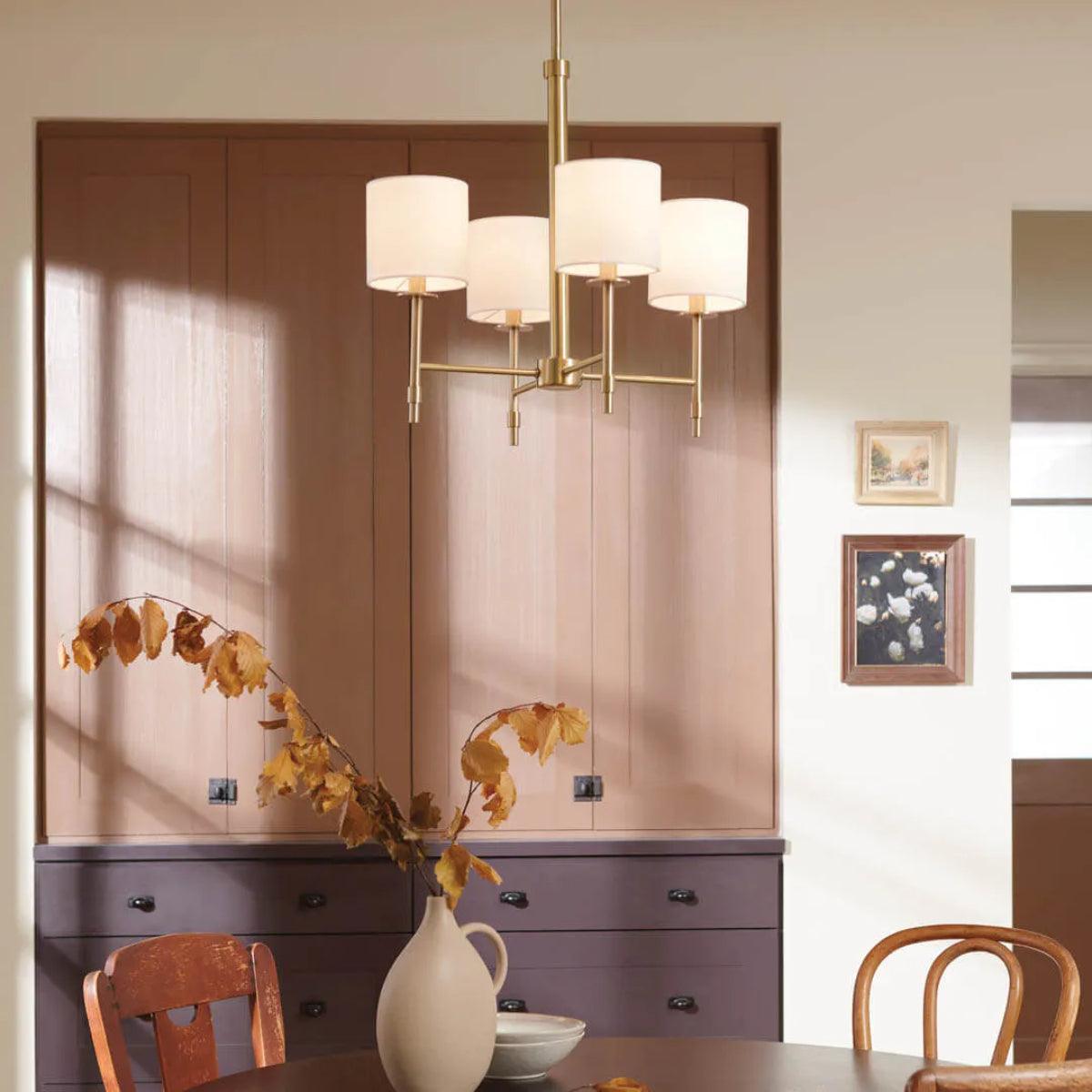 Ali 20" 4-Light Chandelier with Fabric Drum Shade, Brushed Natural Brass Finish - Bees Lighting