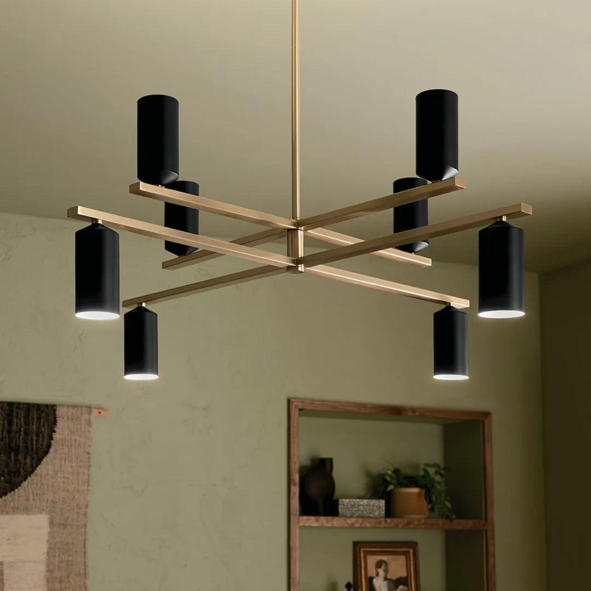 Gala 36" 8-Light Chandelier Multi-Tier with Metal cylinder shade, Champagne bronze and black Finish - Bees Lighting