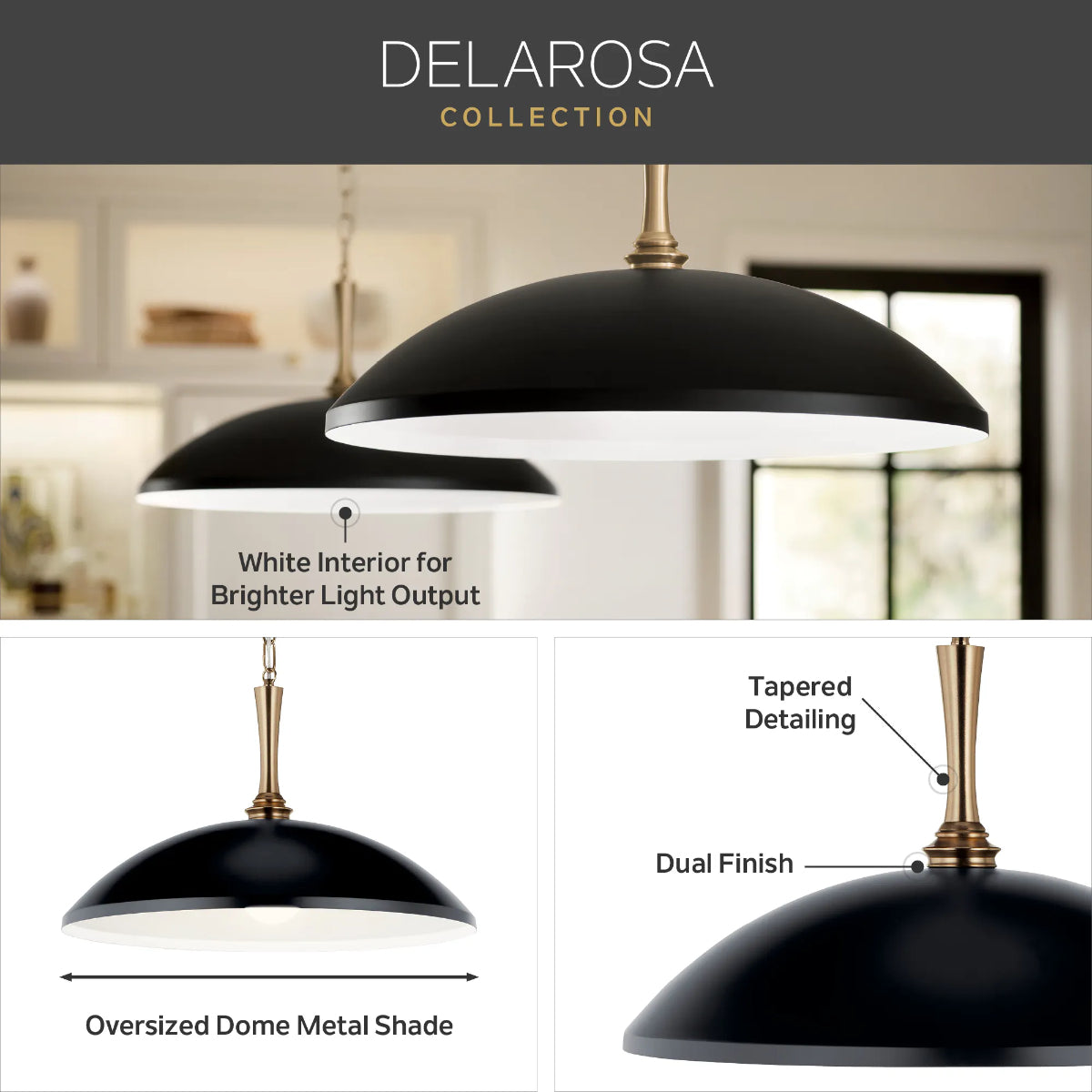 Delarosa 24" 1-Light Pendant Light with Metal Dome Shade, Black and Champagne Bronze Finish - Bees Lighting