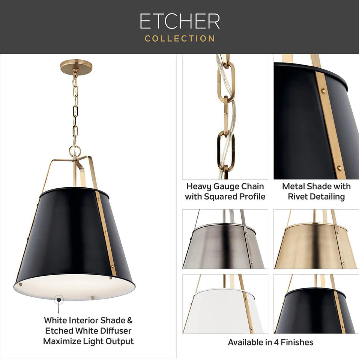 Etcher 17" 1-Light Pendant Light with Clear Satin Etched and Painted White Inside Glass, Champagne Bronze Finish - Bees Lighting