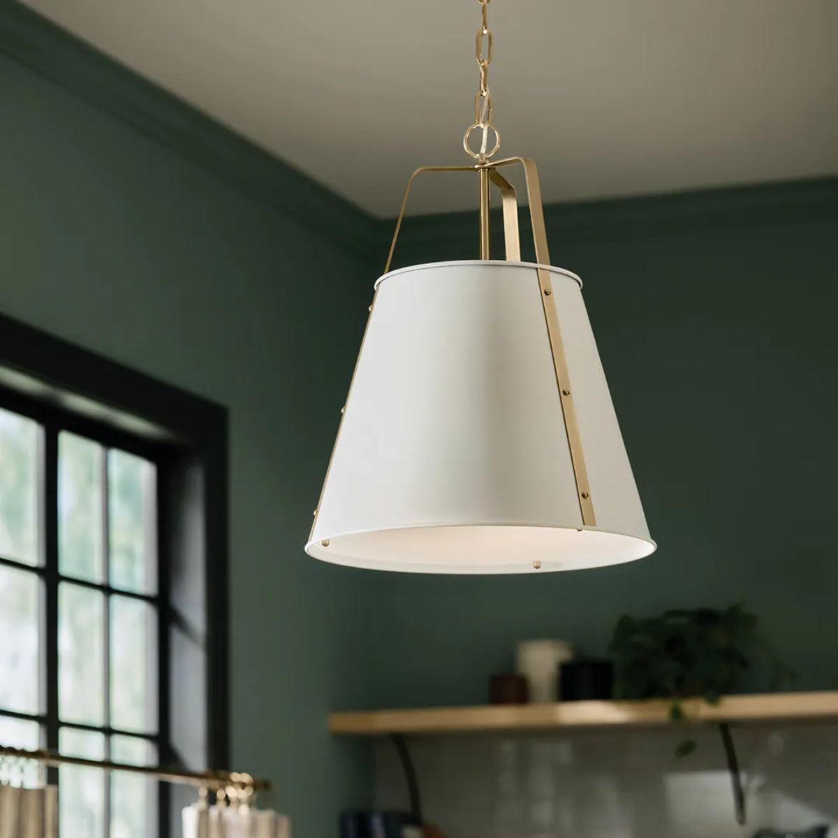 Etcher 23" 2-Light Pendant Light with Clear Satin Etched and Painted White Inside Glass, White and Champagne Bronze Finish - Bees Lighting