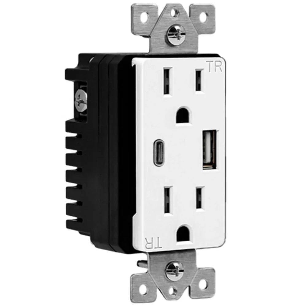 15 Amp Tamper-Resistant Duplex Receptacle with 3.6A USB-C/A Outlet, White - Bees Lighting