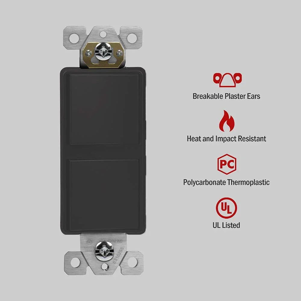 Single Pole Double Rocker Light Switch, Black - Bees Lighting