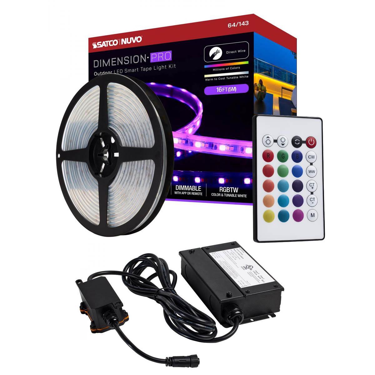 Dimension Pro Outdoor Smart LED Tape Light Kit with Remote, 16ft Reel, Color Changing RGB and Tunable White, 24V, J-Box Connection - Bees Lighting