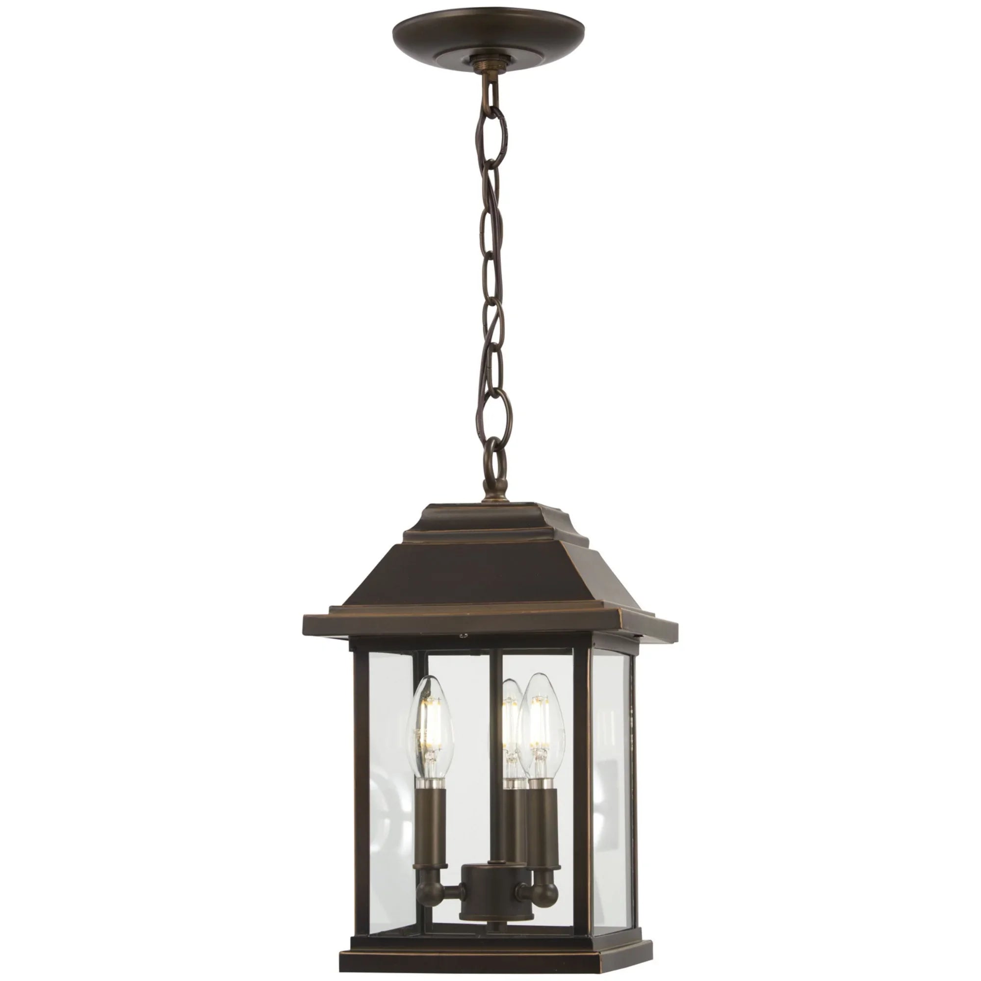 Mariner's Pointe 15" 3-Light Outdoor Chain Hung Lantern, Oil Rubbed Bronze & Gold Highlights - Bees Lighting