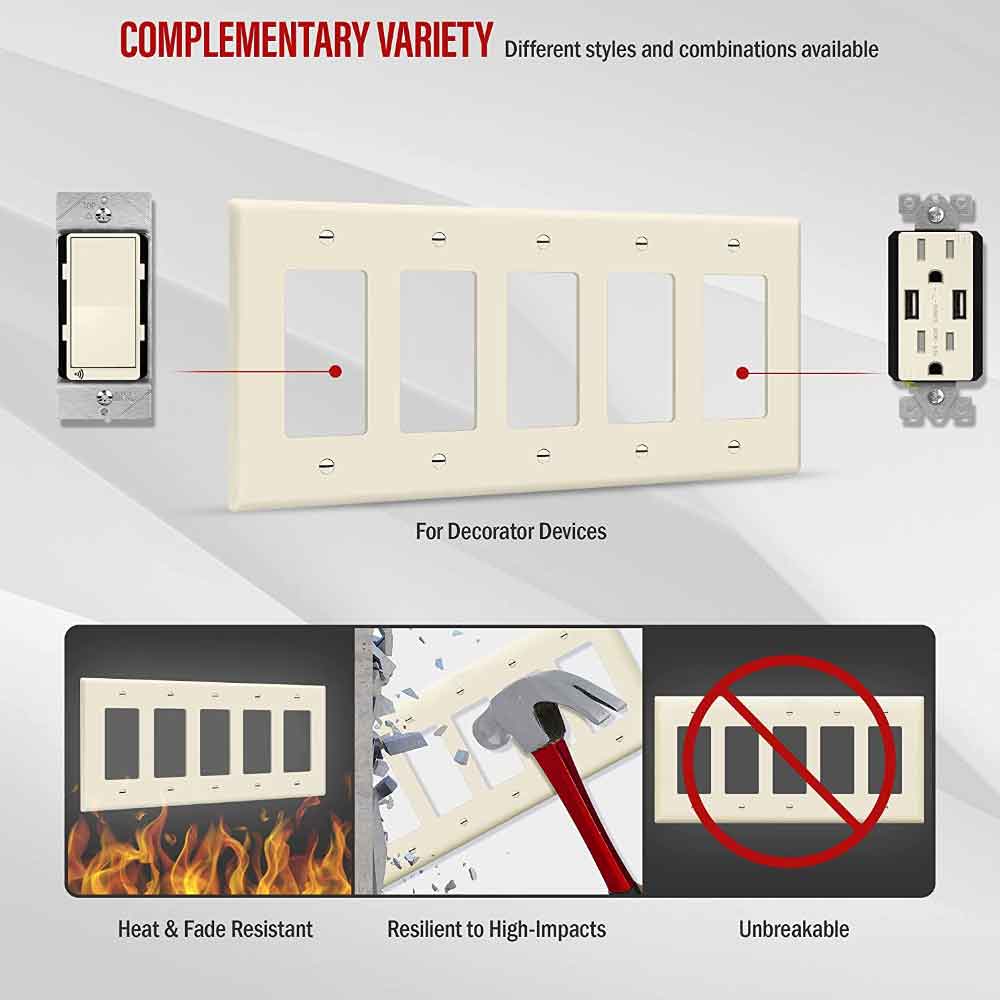5-Gang Decorator Rocker Wall Plate, Light Almond - Bees Lighting