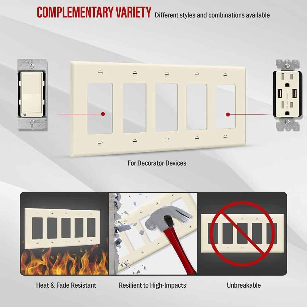 5-Gang Decorator Rocker Wall Plate, Light Almond - Bees Lighting