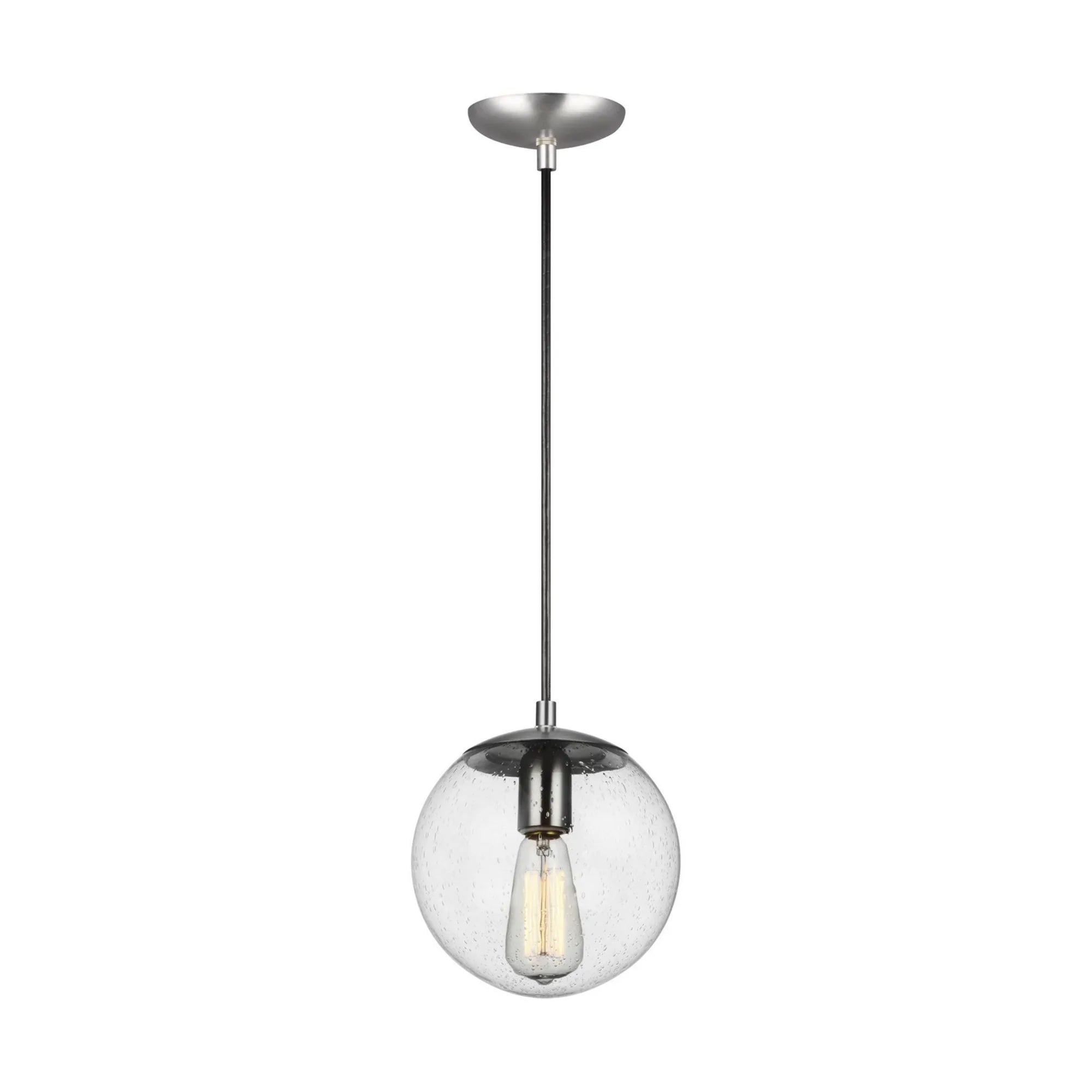 Leo Hanging Globe 8" Small Pendant, Satin Aluminum Finish with Clear Seeded Glass - Bees Lighting