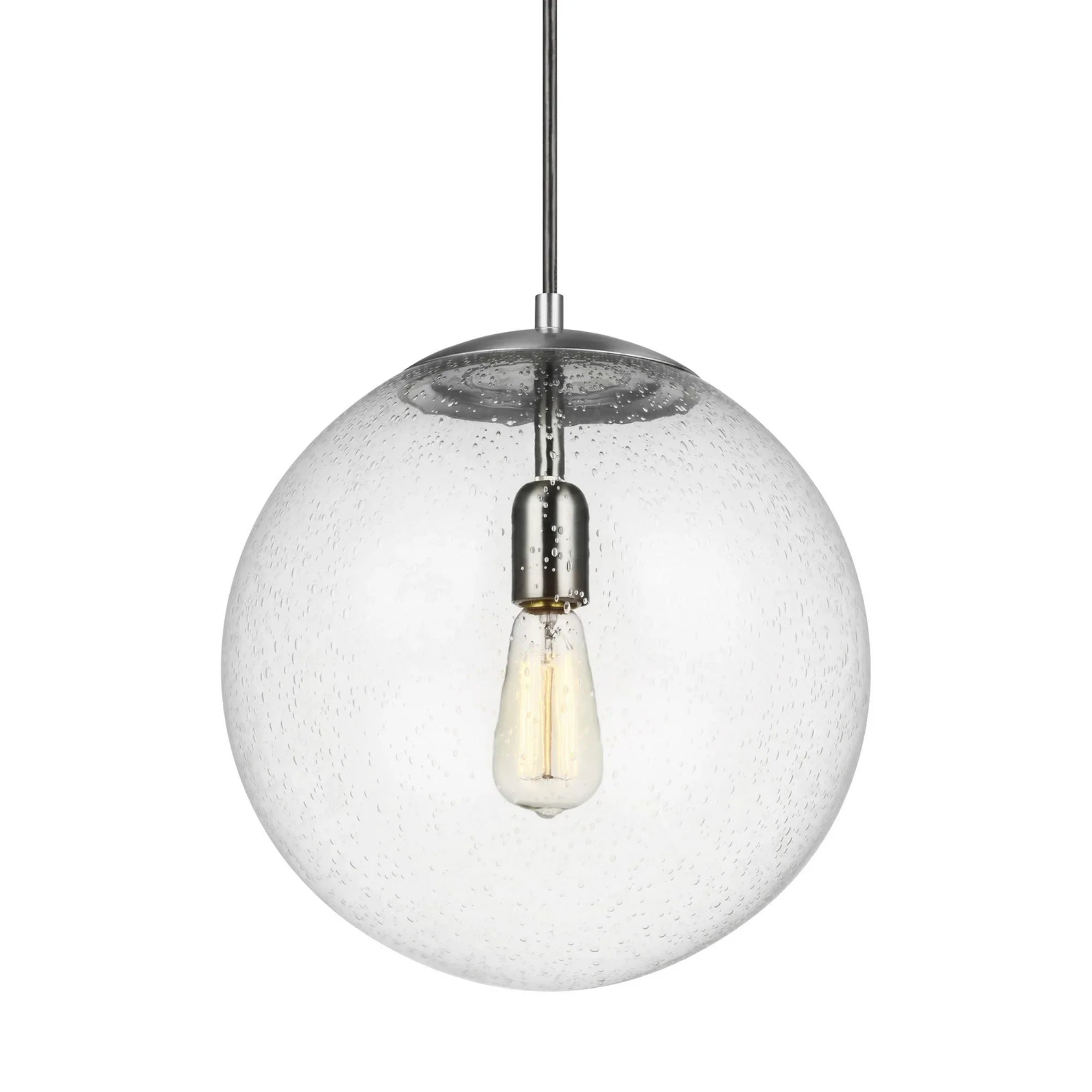 Leo Hanging Globe 14" X-Large Pendant, Satin Aluminum Finish with Clear Seeded Glass - Bees Lighting