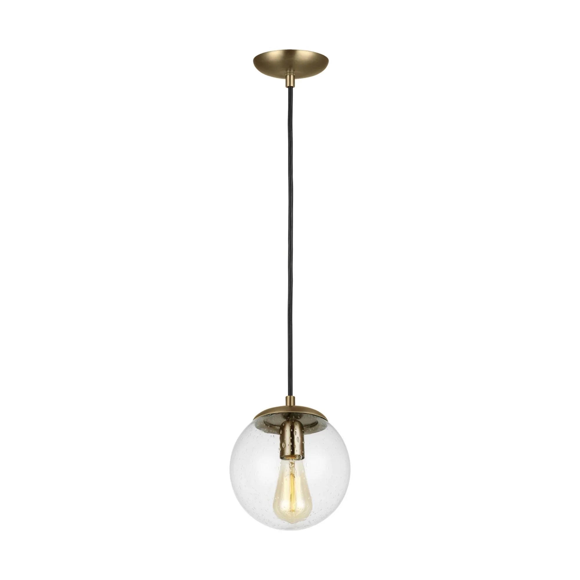 Leo Hanging Globe 8" Small Pendant, Satin Brass Finish with Clear Seeded Glass - Bees Lighting