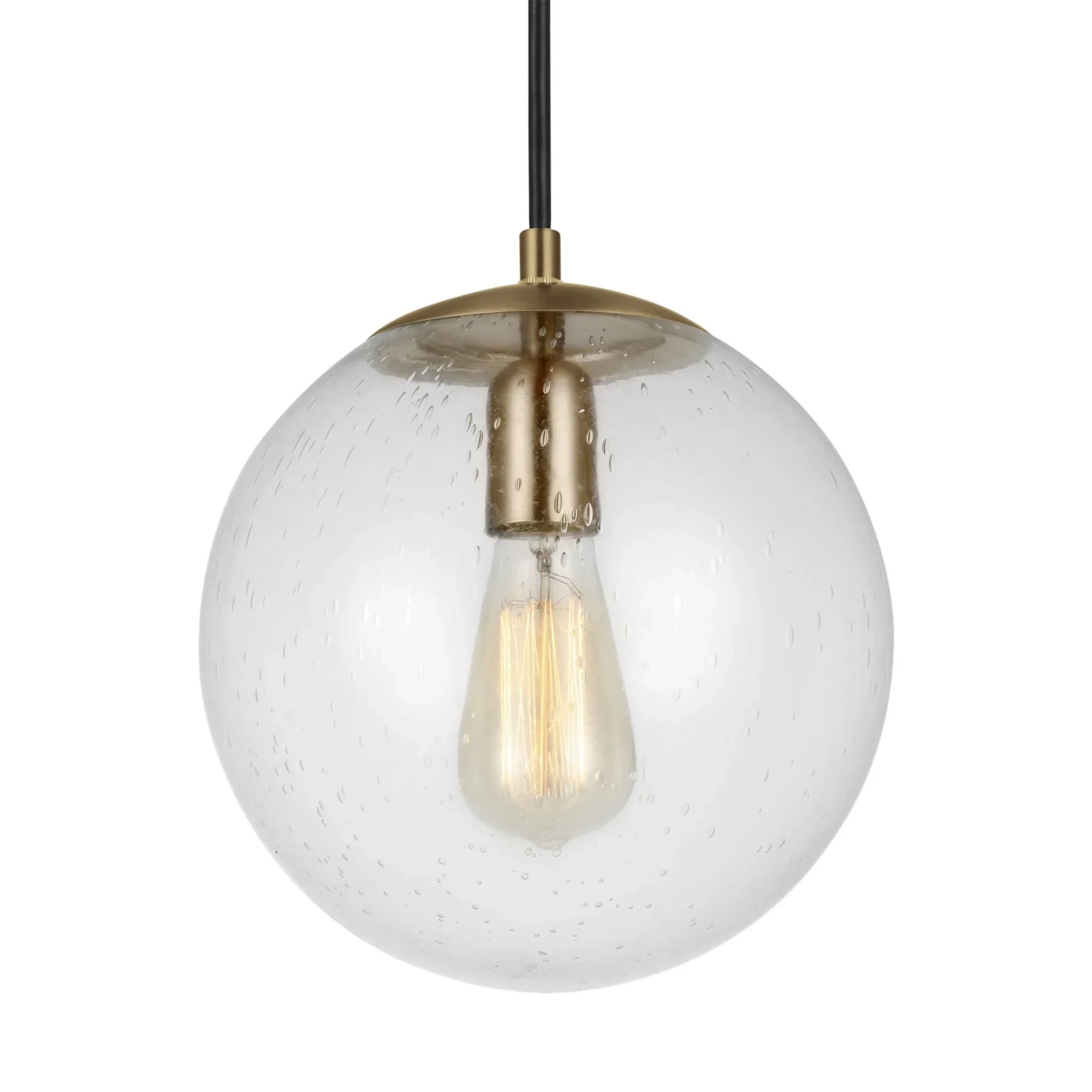 Leo Hanging Globe 10" Medium Pendant, Satin Brass Finish with Clear Seeded Glass - Bees Lighting