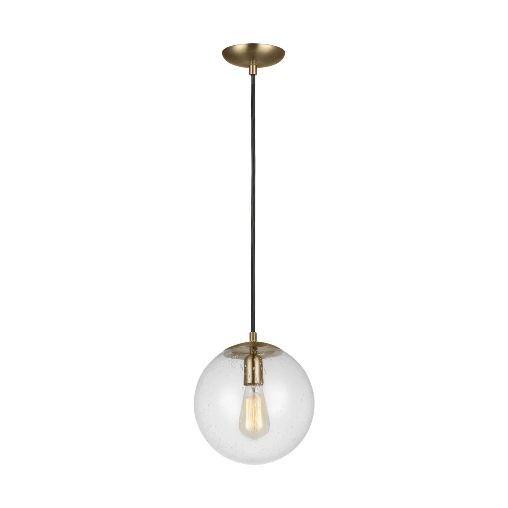 Leo Hanging Globe 10" Medium Pendant, Satin Brass Finish with Clear Seeded Glass - Bees Lighting